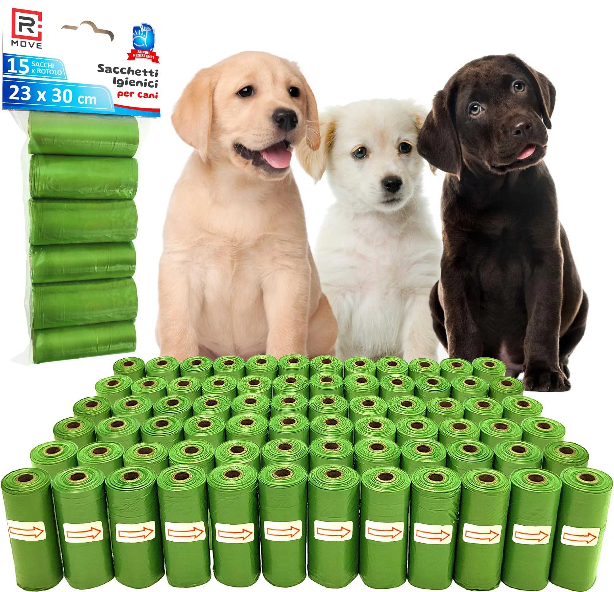 R MOVE Sacchetti igienici per cani, 1080 pz (72 rotoli), 30x23 cm, 2,5 litri - immagine 1