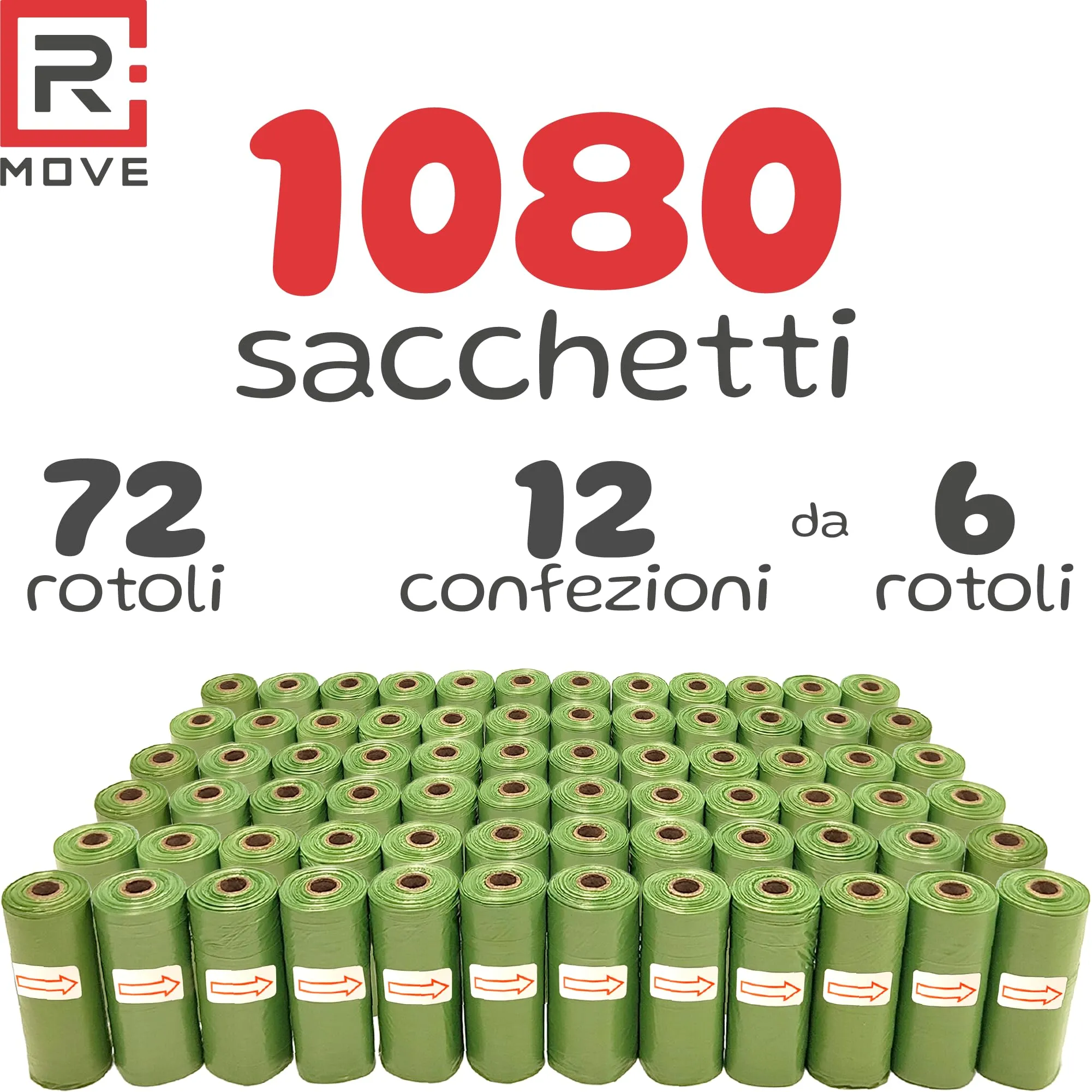 R MOVE Sacchetti igienici per cani, 1080 pz (72 rotoli), 30x23 cm, 2,5 litri - immagine 2