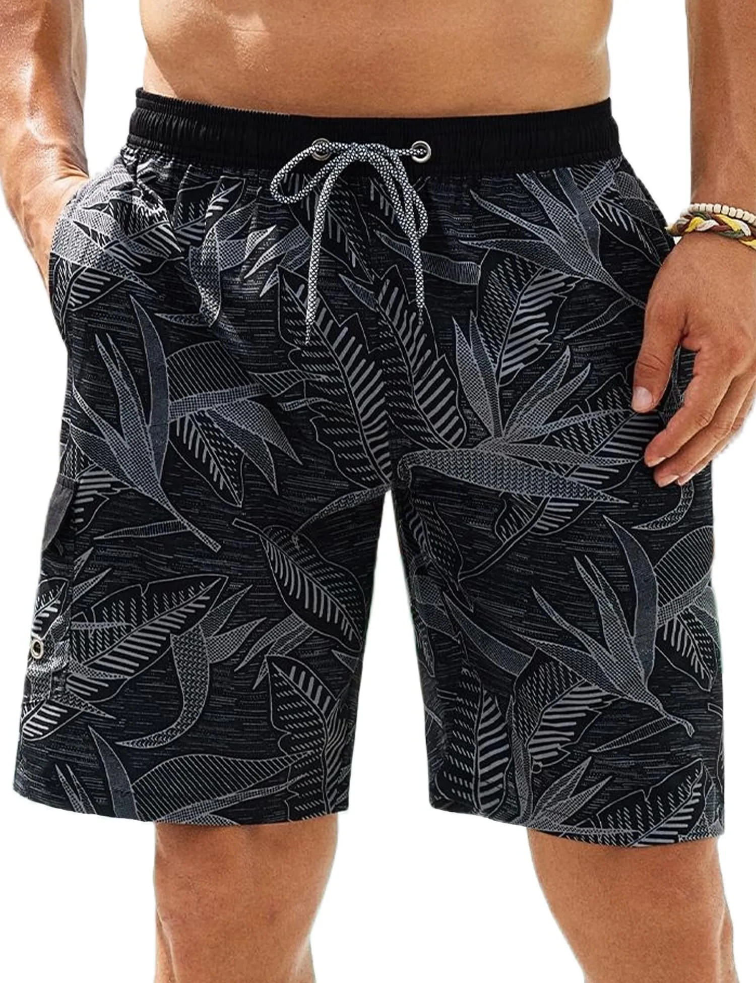 APTRO Pantaloncini da Bagno Uomo Stampa Hawaiana Foglie Grigio-Nere MK370 L - immagine 1