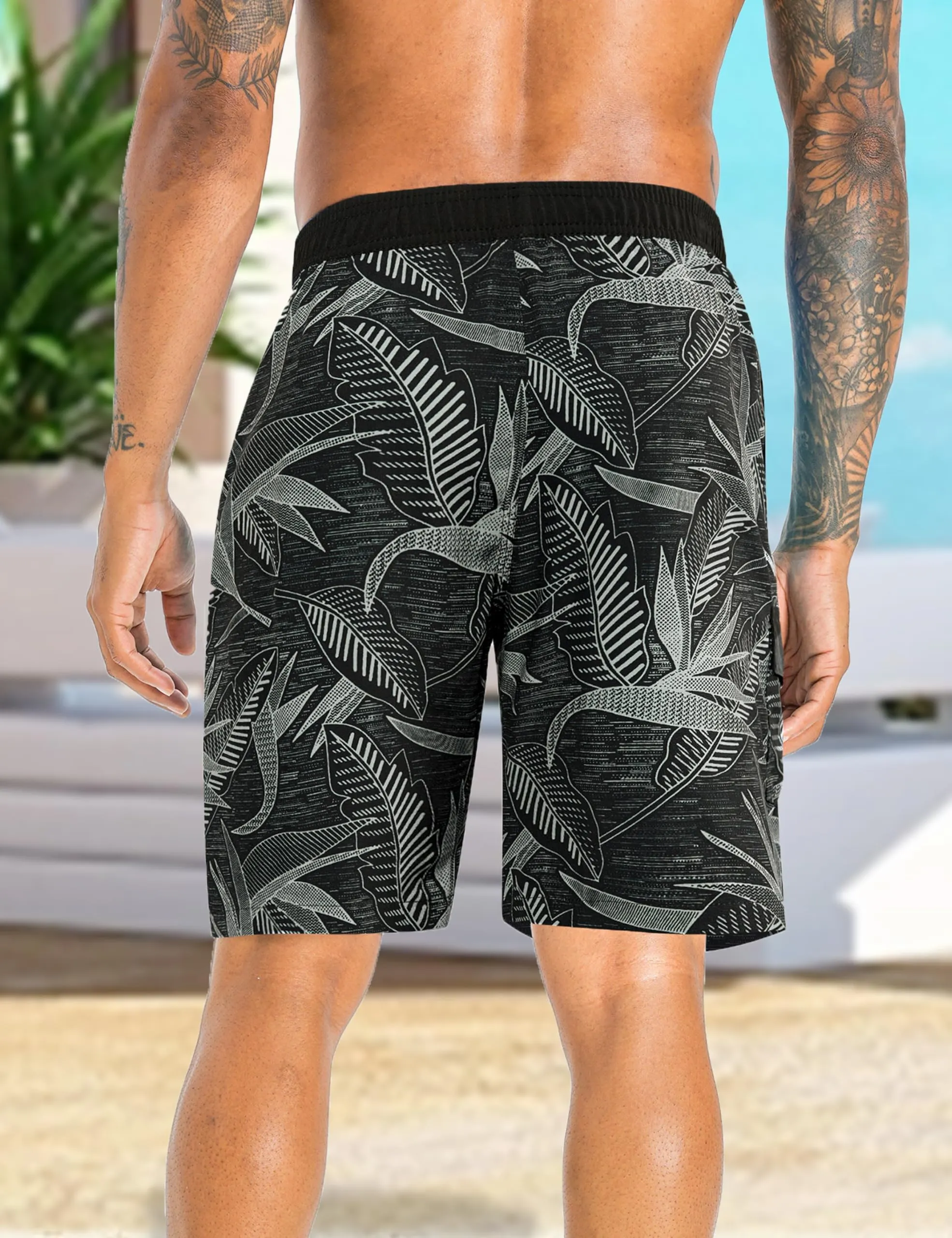 APTRO Pantaloncini da Bagno Uomo Stampa Hawaiana Foglie Grigio-Nere MK370 L - immagine 3