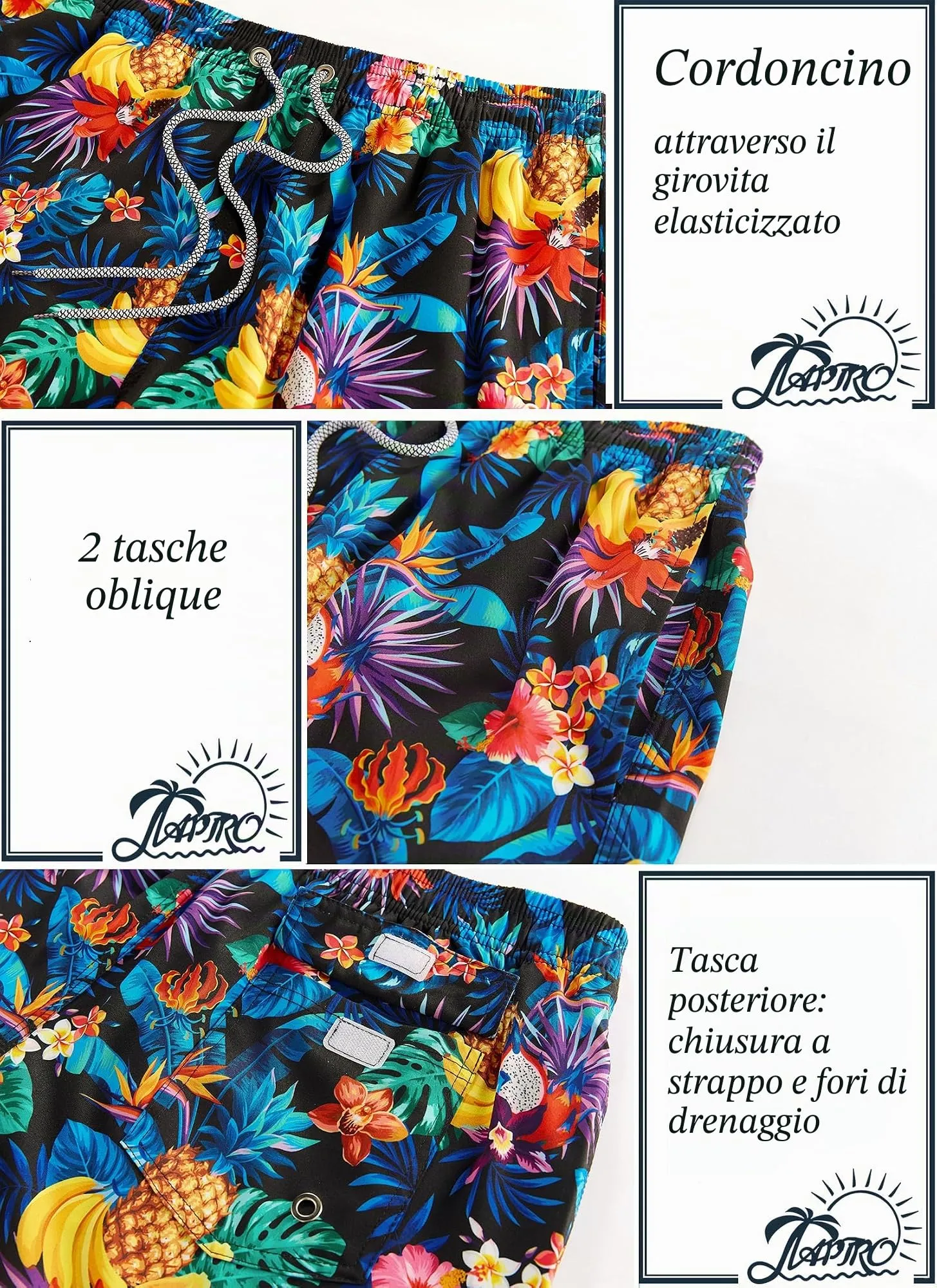 APTRO Costume da bagno lungo da uomo, Floreale, 5XL - immagine 4