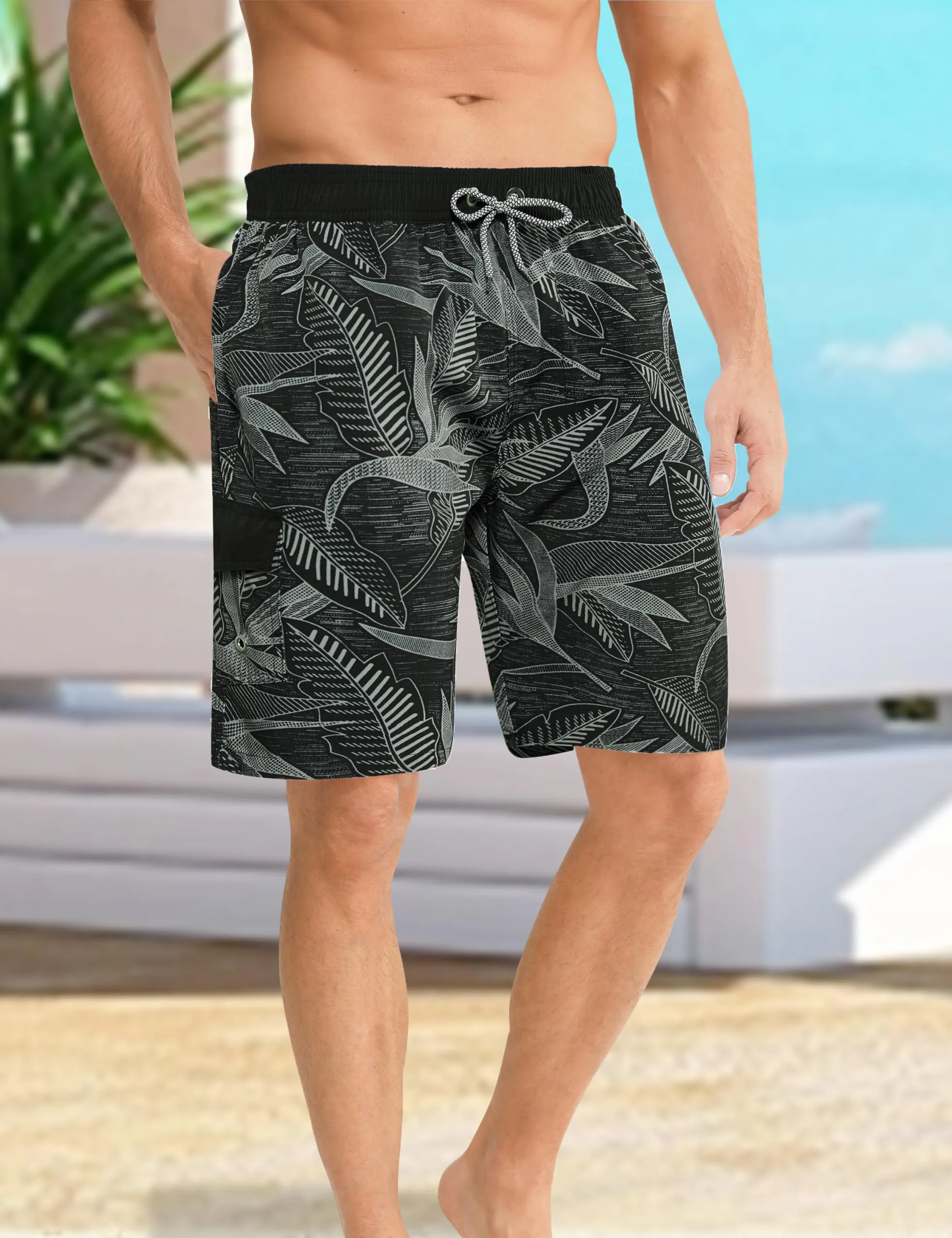 APTRO Pantaloncini da Bagno Uomo Stampa Hawaiana Foglie Grigio-Nere MK370 M - immagine 2