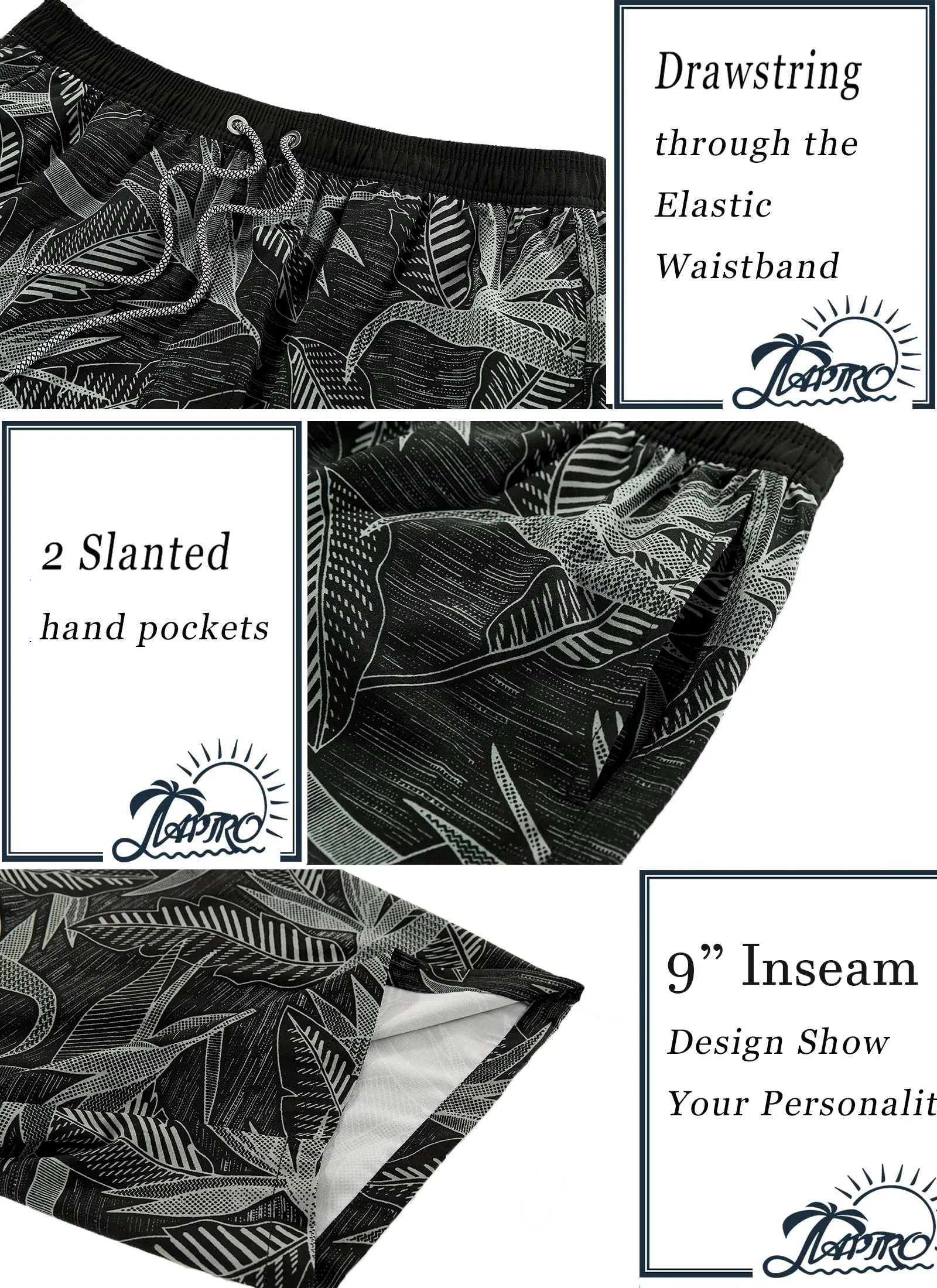 APTRO Pantaloncini da Bagno Uomo Stampa Hawaiana Foglie Grigio-Nere MK370 XL - immagine 4