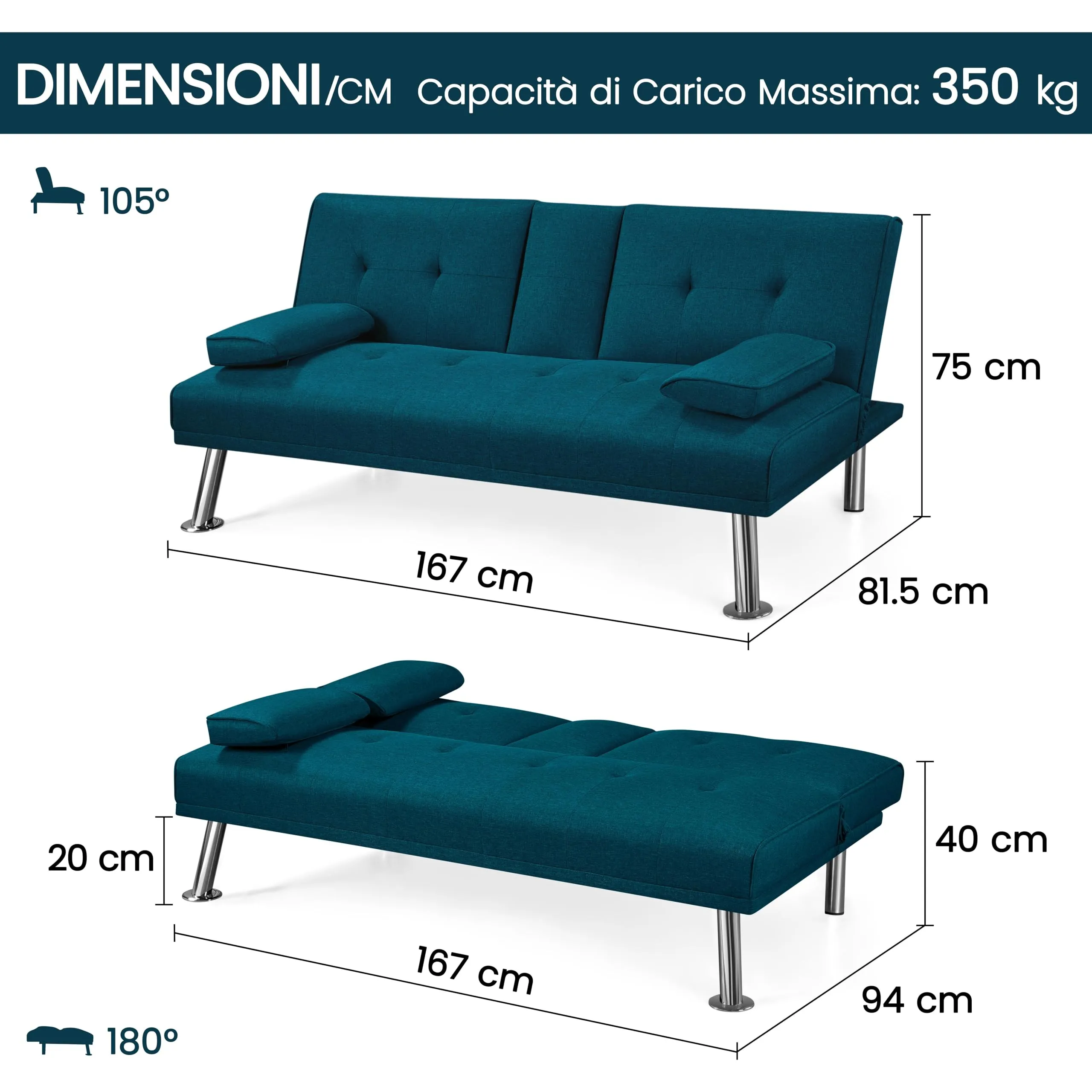 Yaheetech Divano Letto a 3 Posti Reclinabile con 2 Braccioli - immagine 3