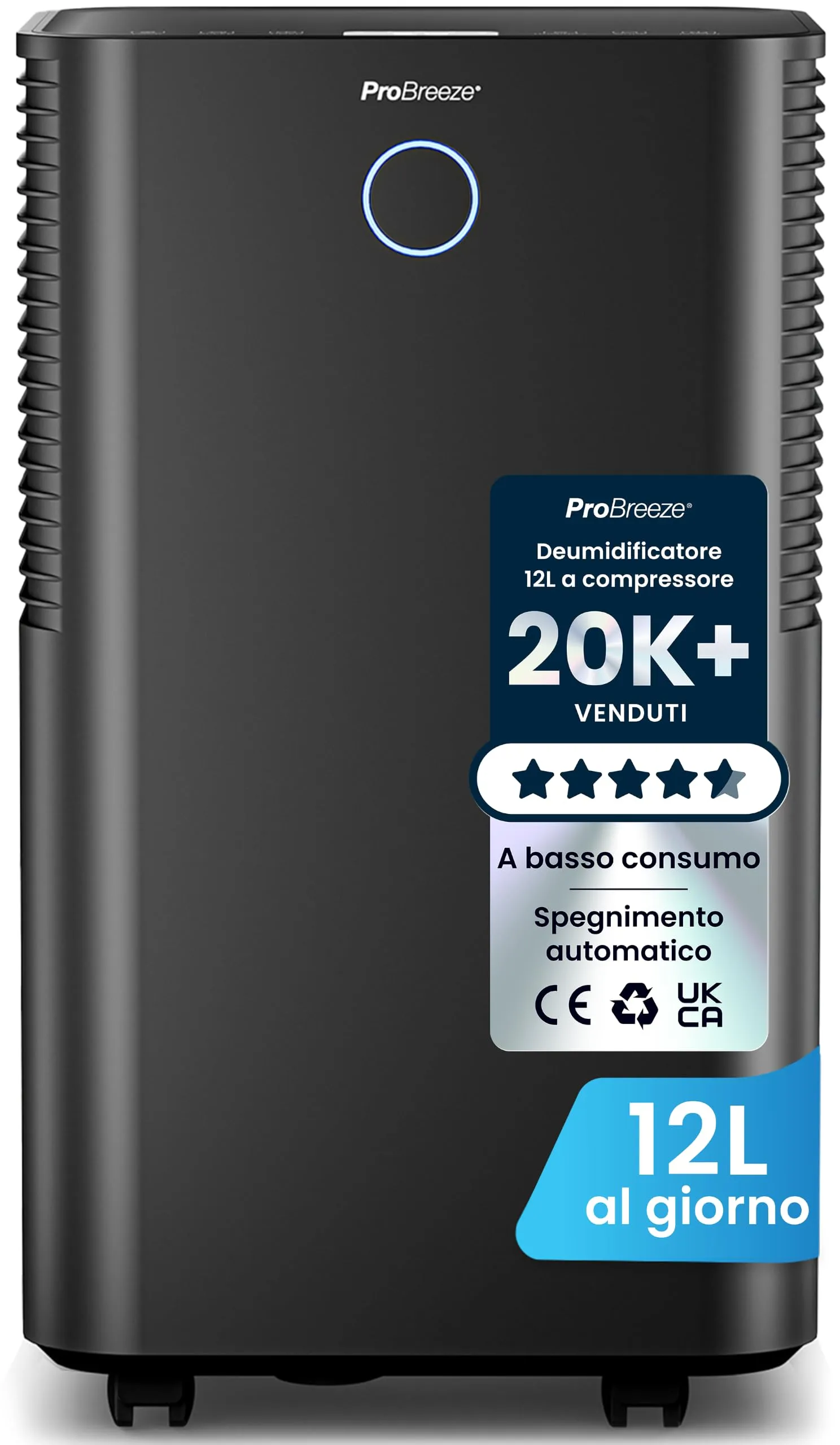 Pro Breeze OmniDry Deumidificatore 12L/24h, 20 m², Serbatoio 2L, Nero - immagine 1