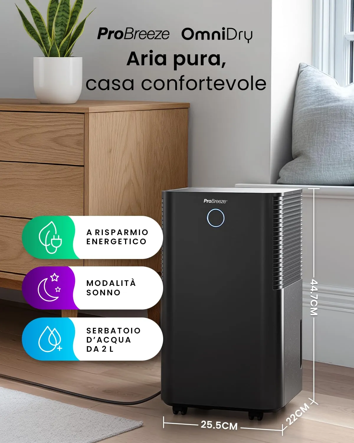 Pro Breeze OmniDry Deumidificatore 12L/24h, 20 m², Serbatoio 2L, Nero - immagine 2