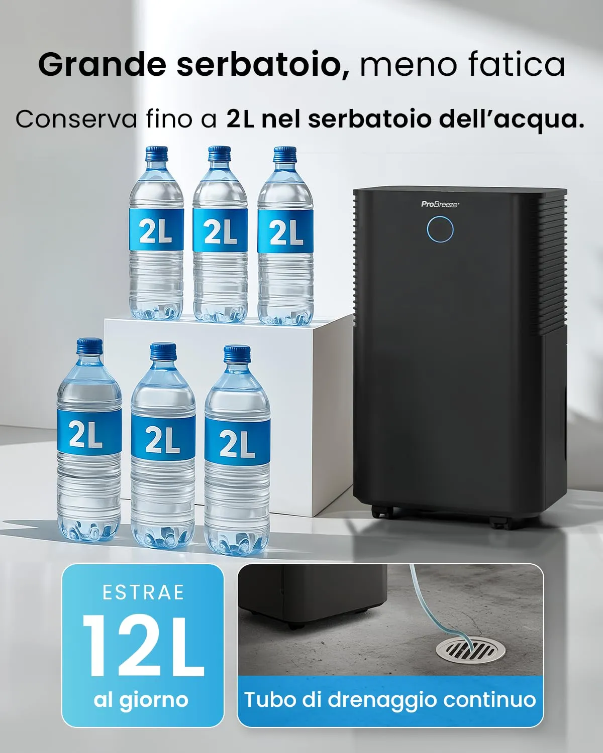 Pro Breeze OmniDry Deumidificatore 12L/24h, 20 m², Serbatoio 2L, Nero - immagine 3