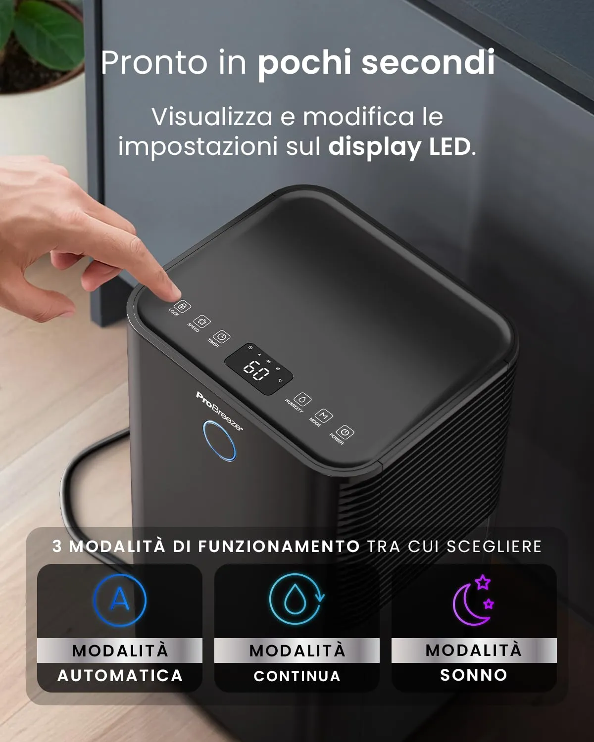 Pro Breeze OmniDry Deumidificatore 12L/24h, 20 m², Serbatoio 2L, Nero - immagine 5