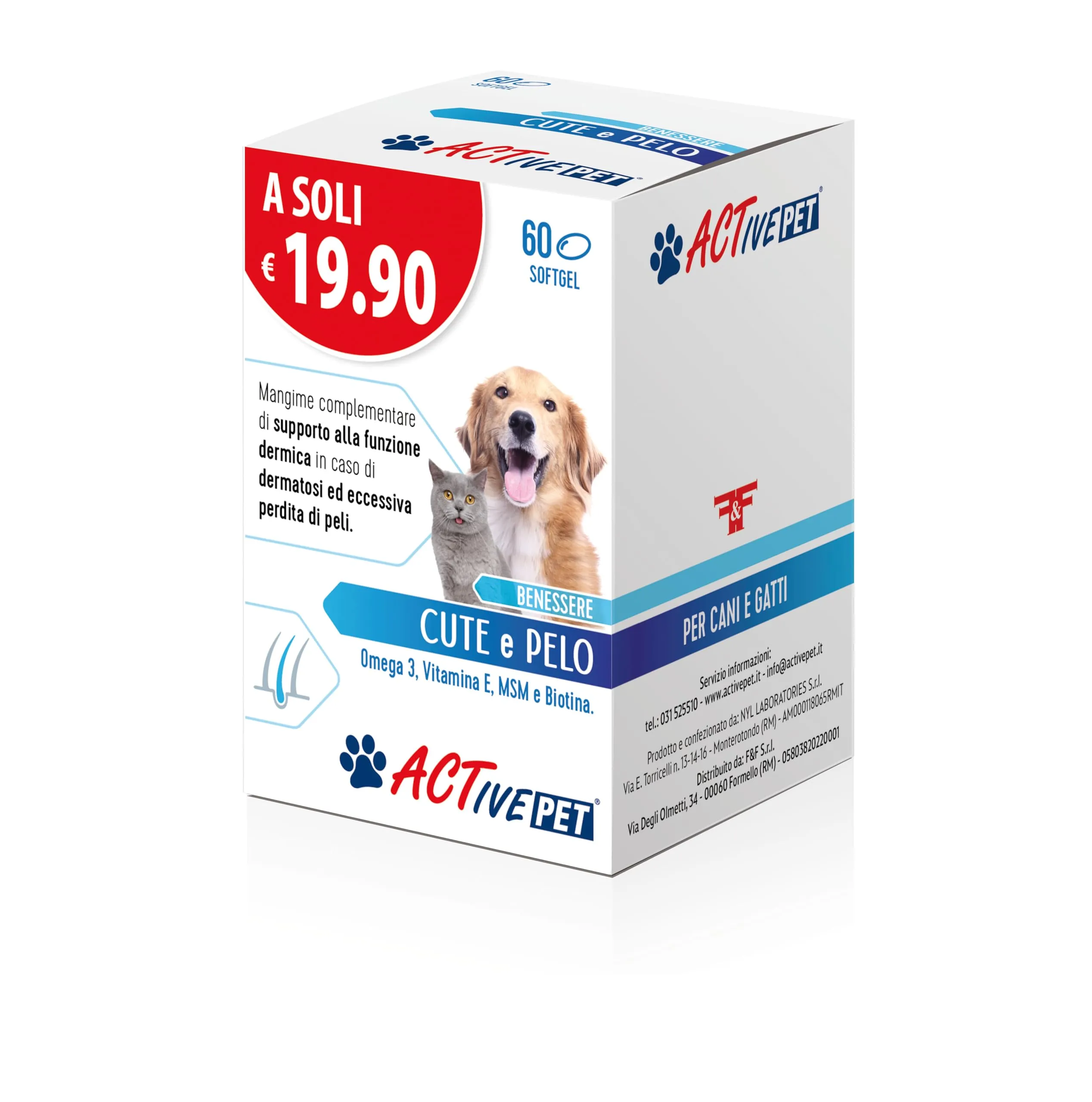 F & F Active Pet Cute e Pelo, Mangime Complementare per Cani e Gatti, 60 Perle - immagine 1