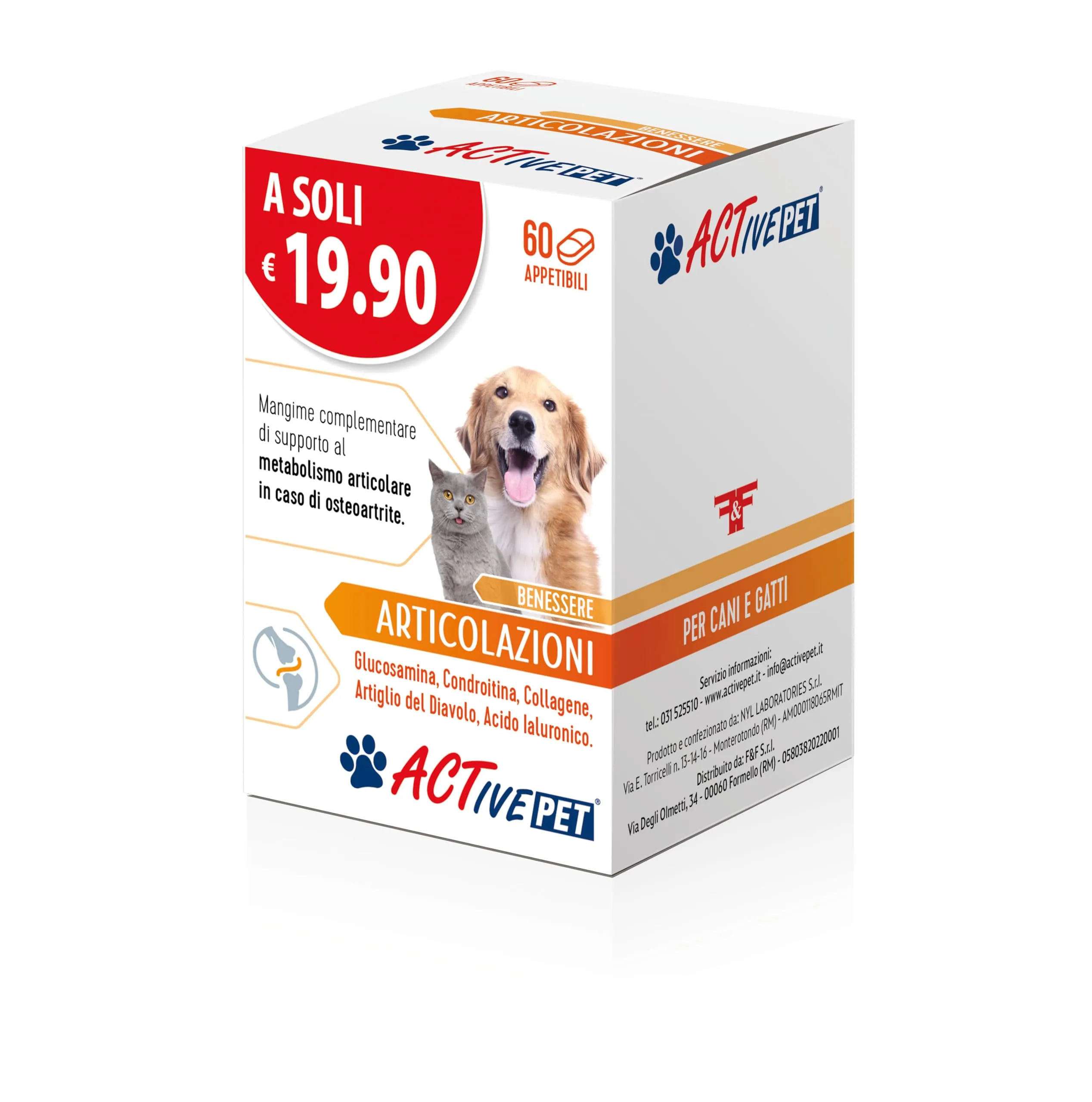 F & F Active Pet Articolazioni, Mangime Complementare per Cani e Gatti, 60 Compresse - immagine 1