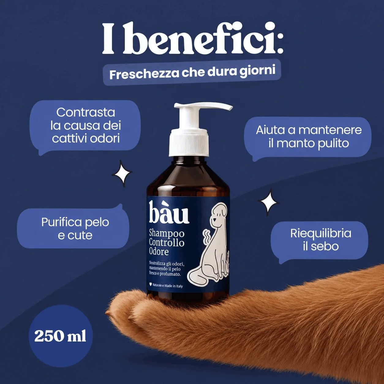 Bau Shampoo Cane Controllo Odori con Bardana, Aloe Vera e Pantenolo, 250ml - immagine 6