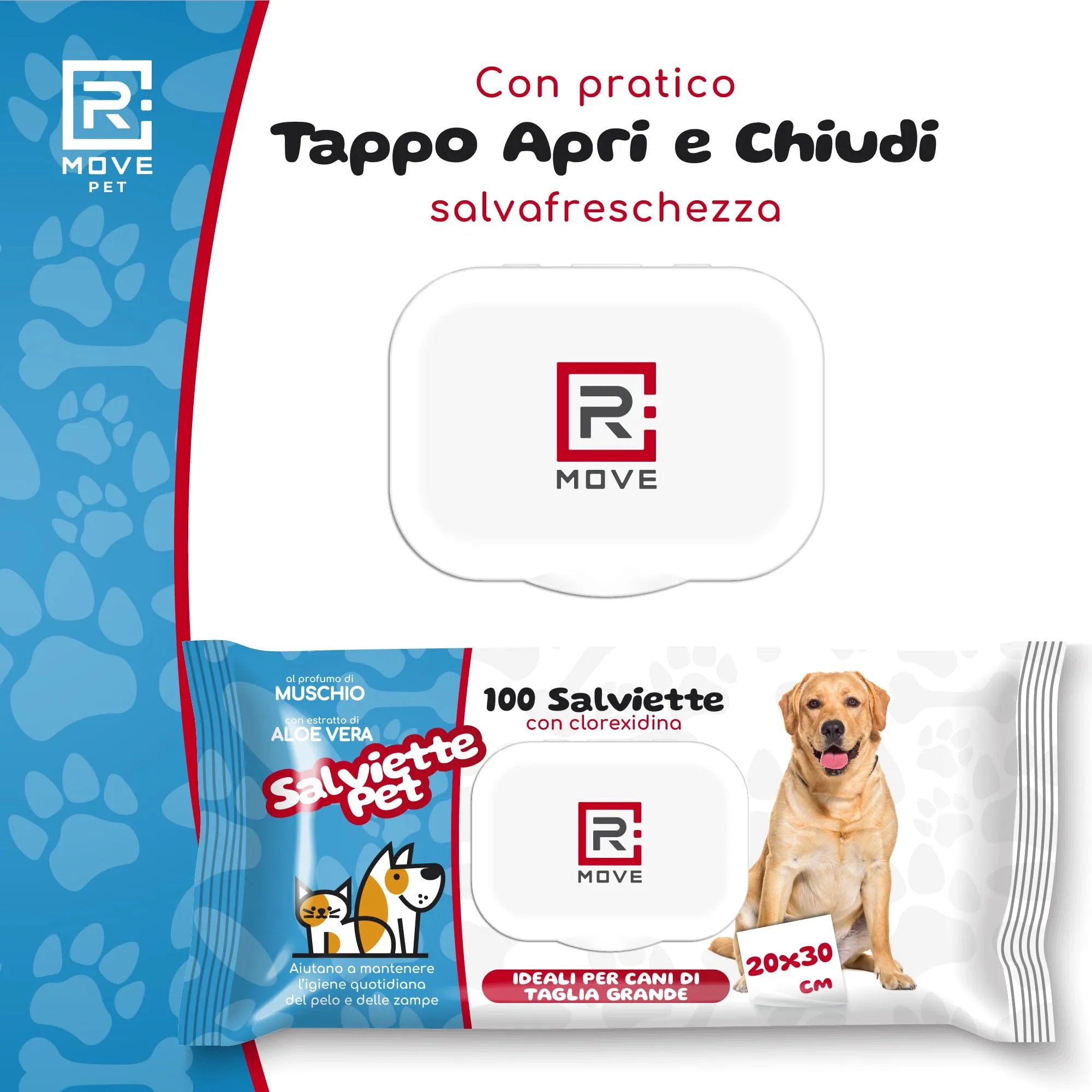 R MOVE 300 Salviette Cane Igienizzanti con Clorexidina e Aloe Vera, Fragranza Muschio, 20x30 cm, 3 Confezioni da 100 salviette - immagine 3