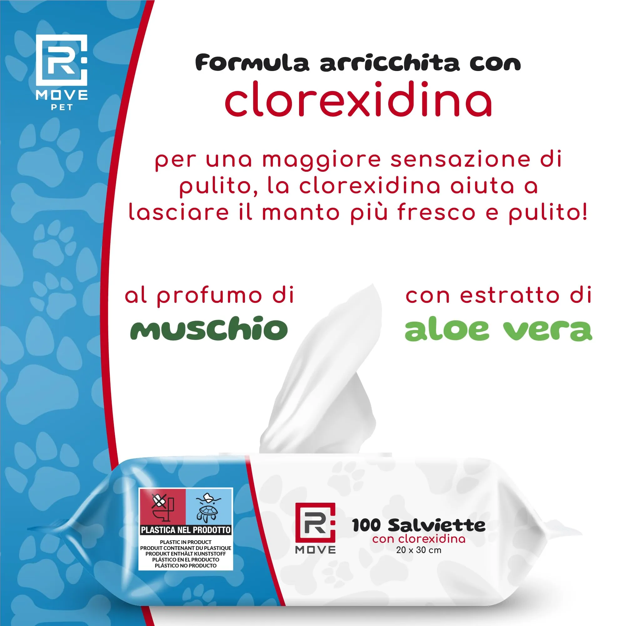R MOVE 300 Salviette Cane Igienizzanti con Clorexidina e Aloe Vera, Fragranza Muschio, 20x30 cm, 3 Confezioni da 100 salviette - immagine 4