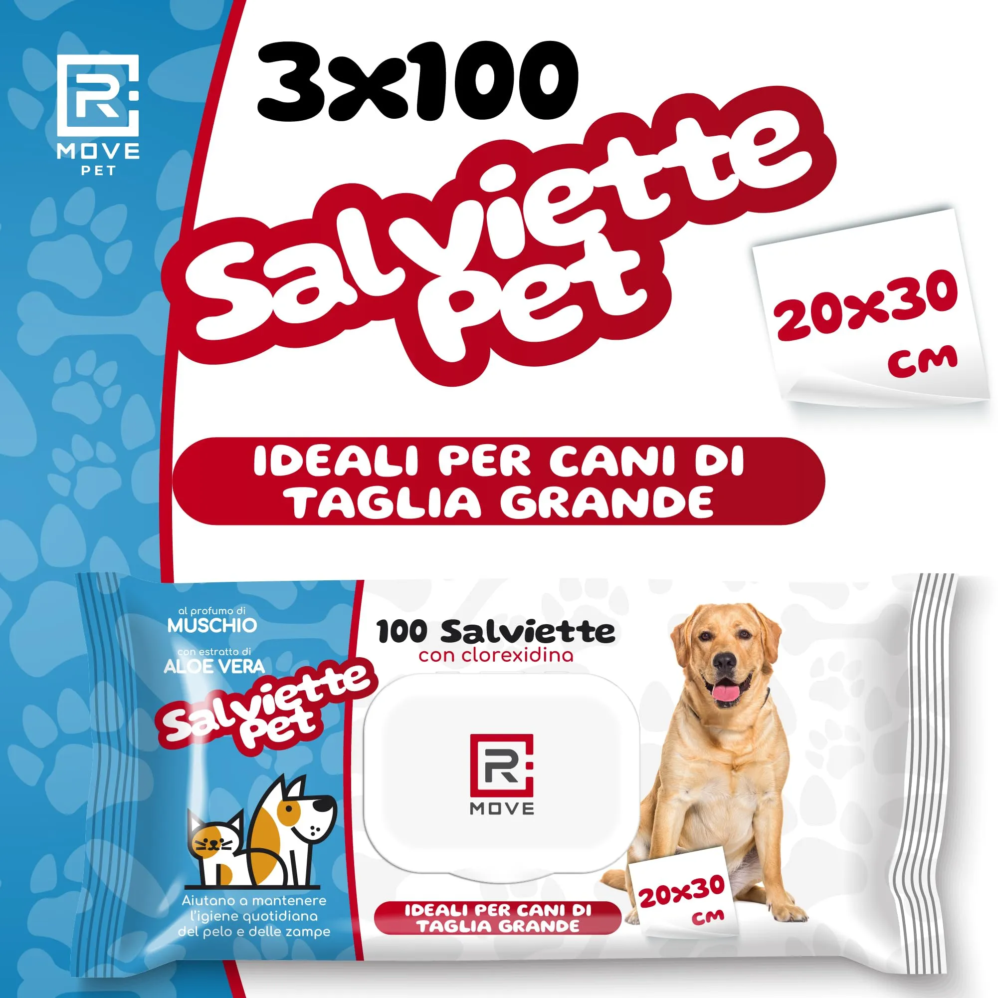 R MOVE 300 Salviette Cane Igienizzanti con Clorexidina e Aloe Vera, Fragranza Muschio, 20x30 cm, 3 Confezioni da 100 salviette - immagine 6