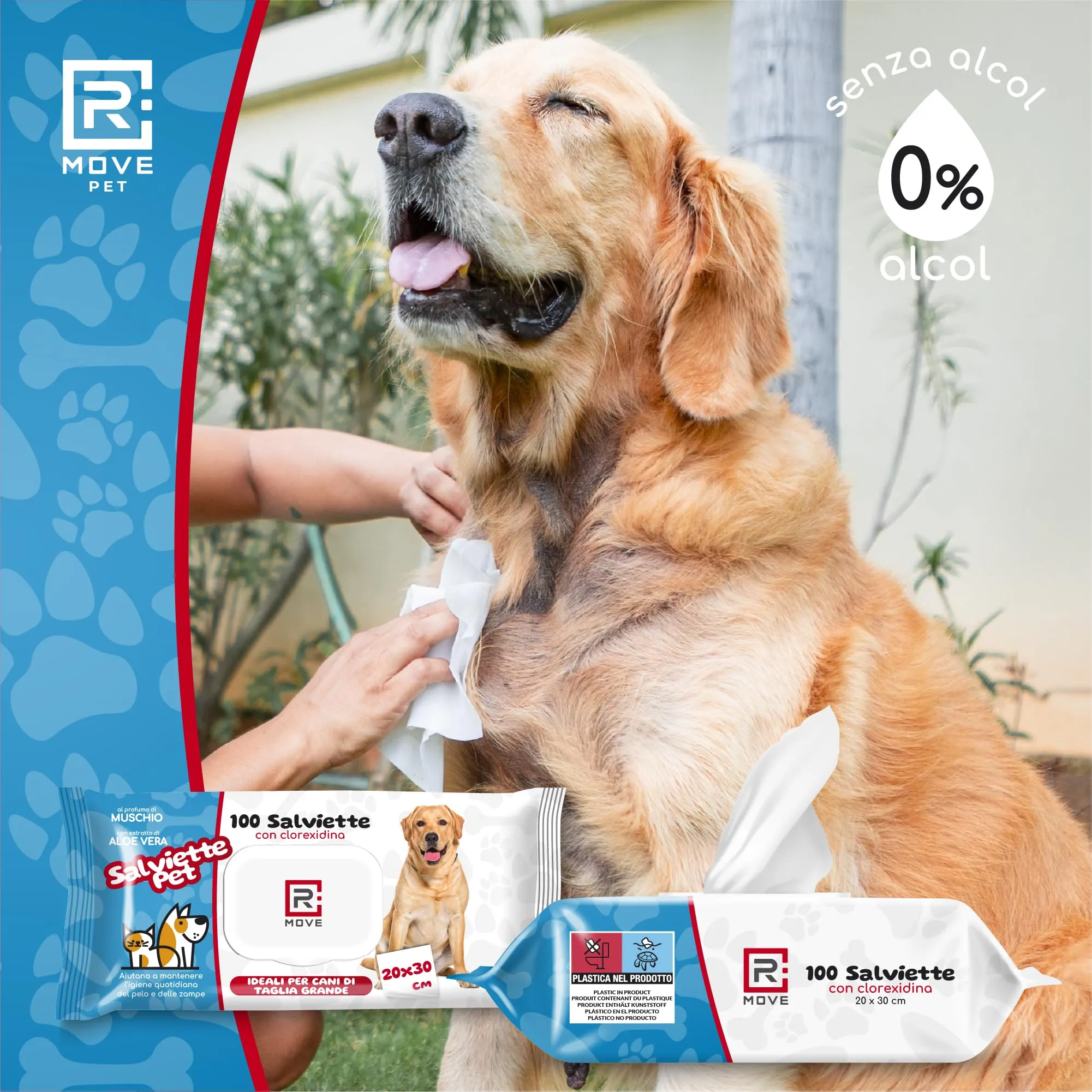 R MOVE 300 Salviette Cane Igienizzanti con Clorexidina e Aloe Vera, Fragranza Muschio, 20x30 cm, 3 Confezioni da 100 salviette - immagine 7