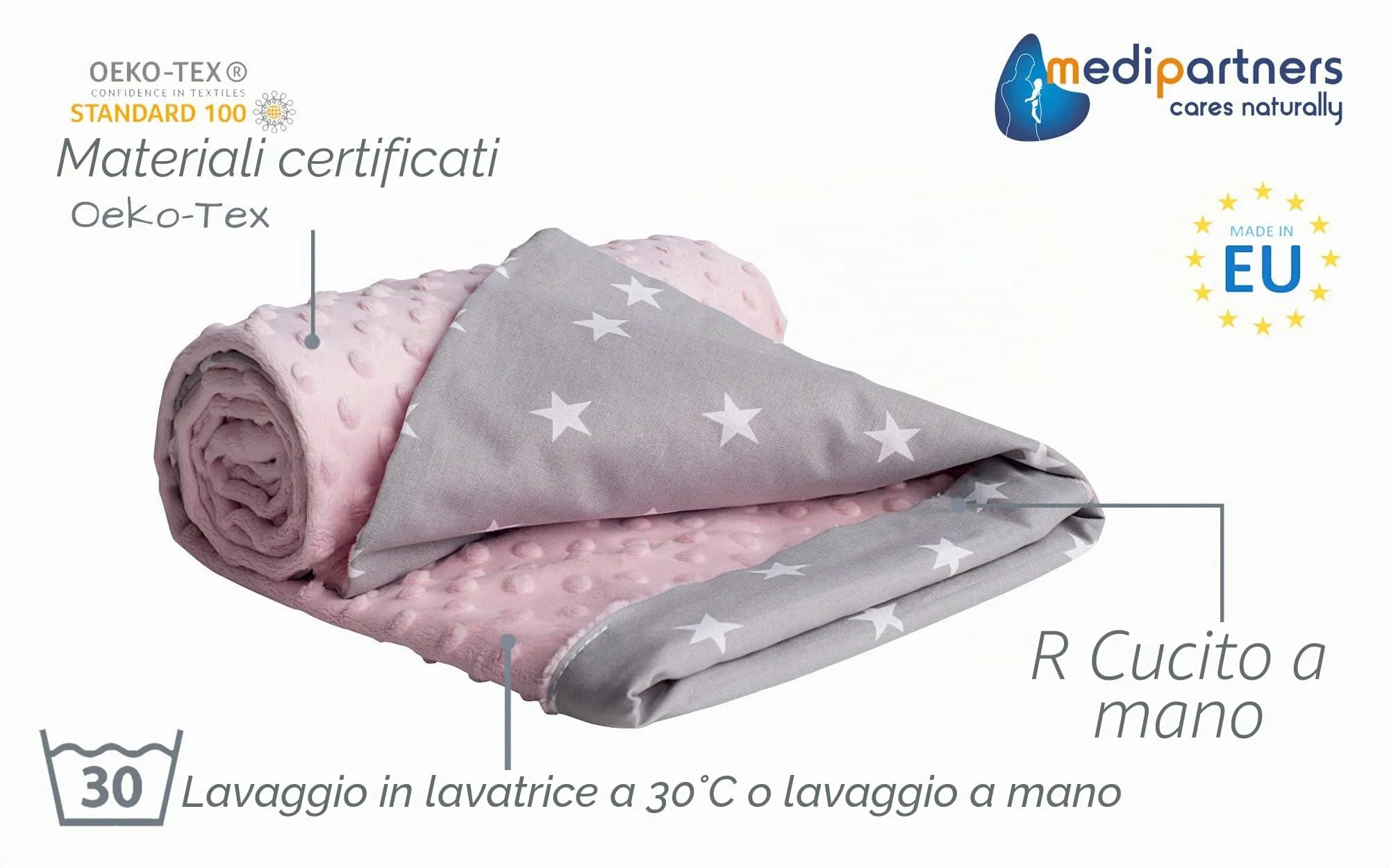 Medi Partners Coperta per Neonato in Cotone e Minky, 75x100cm, Stelle bianche con rosa chiaro - immagine 2
