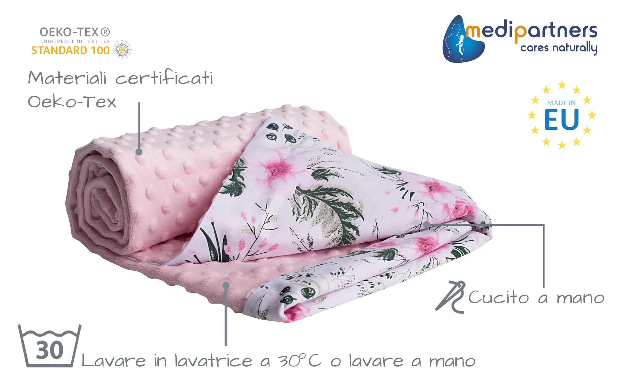 Medi Partners Coperta per Neonato Bifacciale in Cotone e Minky, 75x100cm, Fiore Rosa Chiaro con Rosa Chiaro Minky - immagine 2
