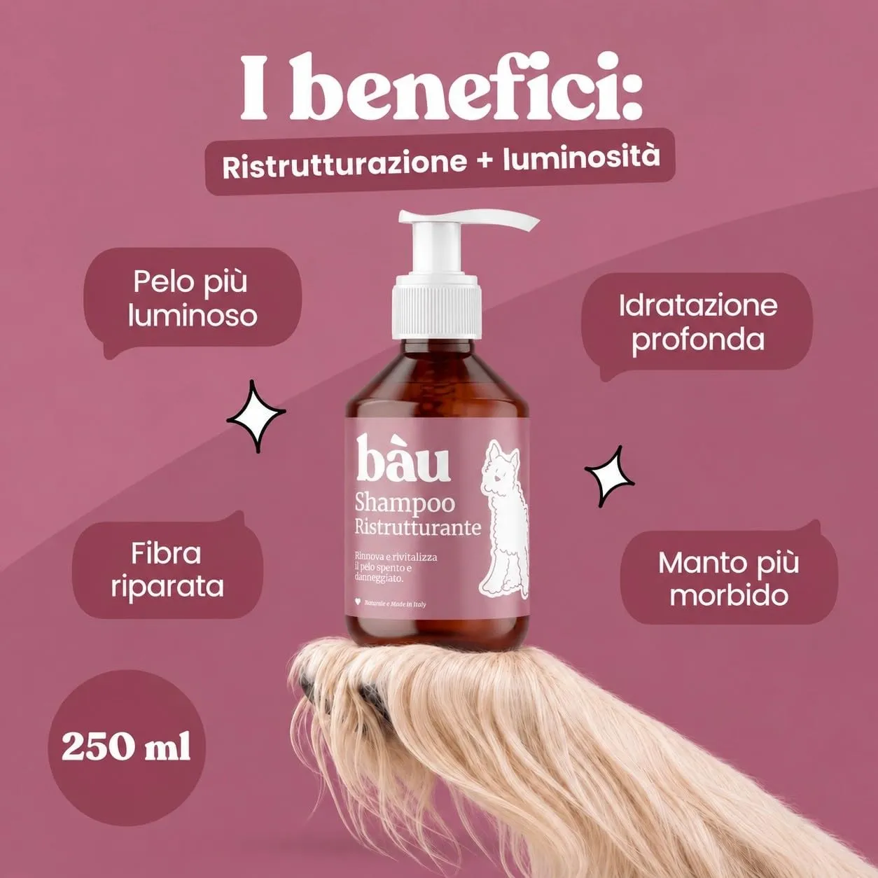 Bau Shampoo Ristrutturante Cane con Estratti di Albicocca e Noce, 250ml - immagine 6