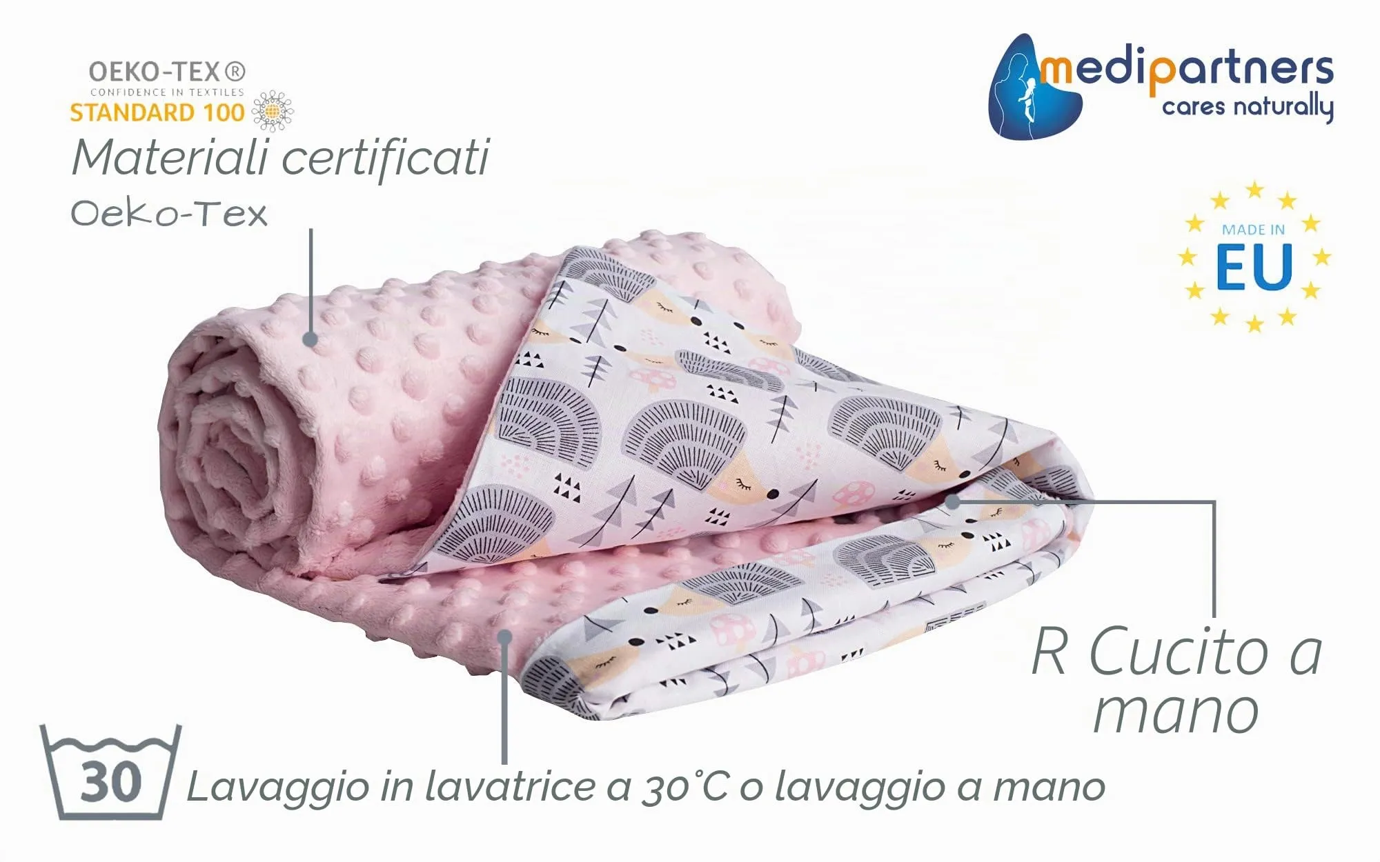 Medi Partners Coperta per Neonato Bifacciale in Cotone e Minky 75x100cm - Ricci con Rosa Chiaro - immagine 2