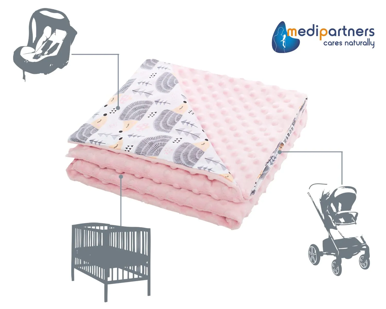 Medi Partners Coperta per Neonato Bifacciale in Cotone e Minky 75x100cm - Ricci con Rosa Chiaro - immagine 4
