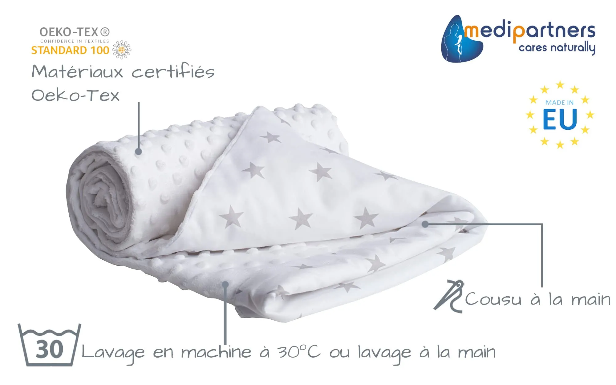 Medi Partners Coperta per Neonato in Cotone e Minky, 75x100cm, Stelle Grigie con Minky Bianco - immagine 2
