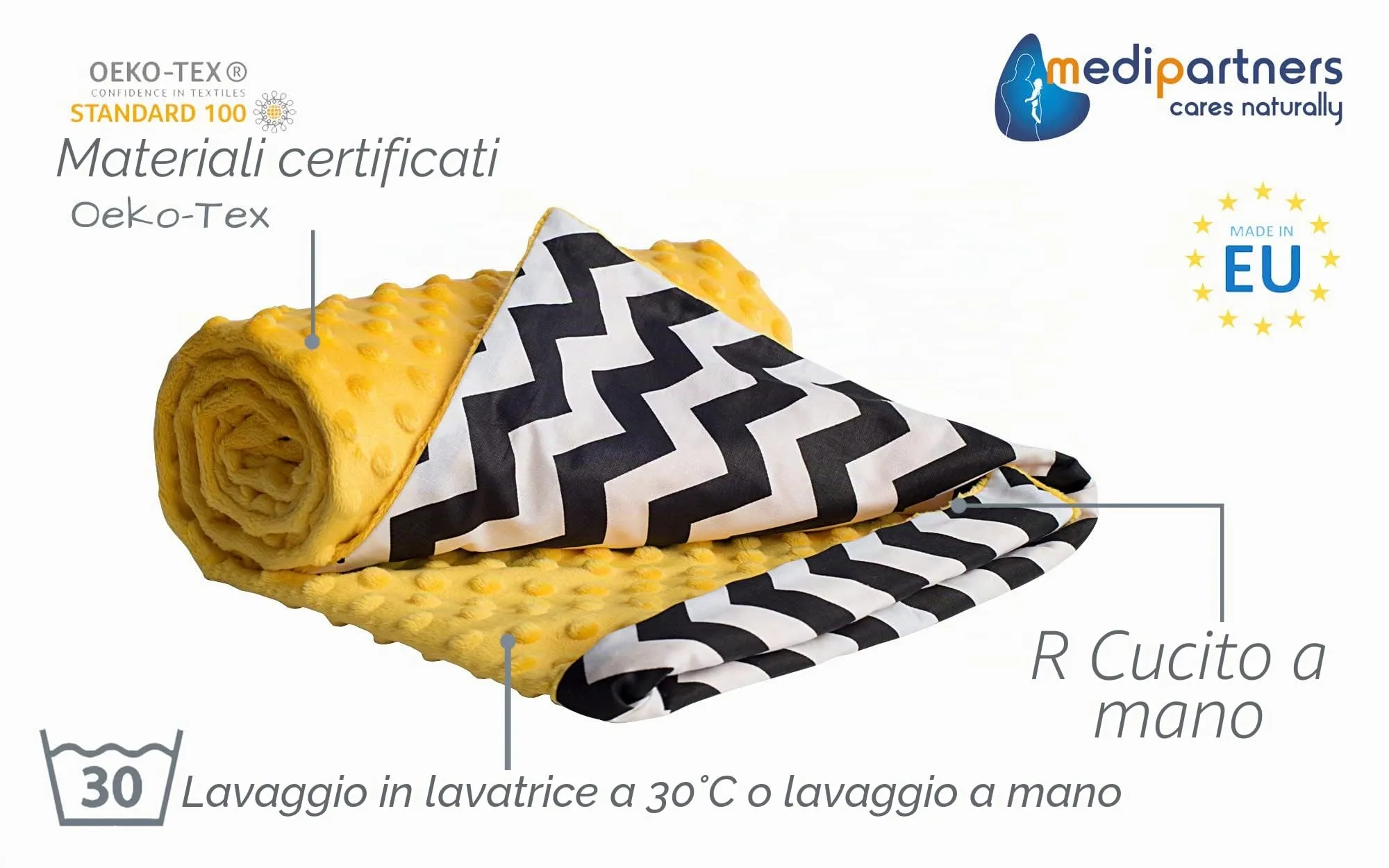 Medi Partners Coperta per Neonato Bifacciale in Cotone e Minky 75x100cm - Zigzag Con Minky Giallo - immagine 2