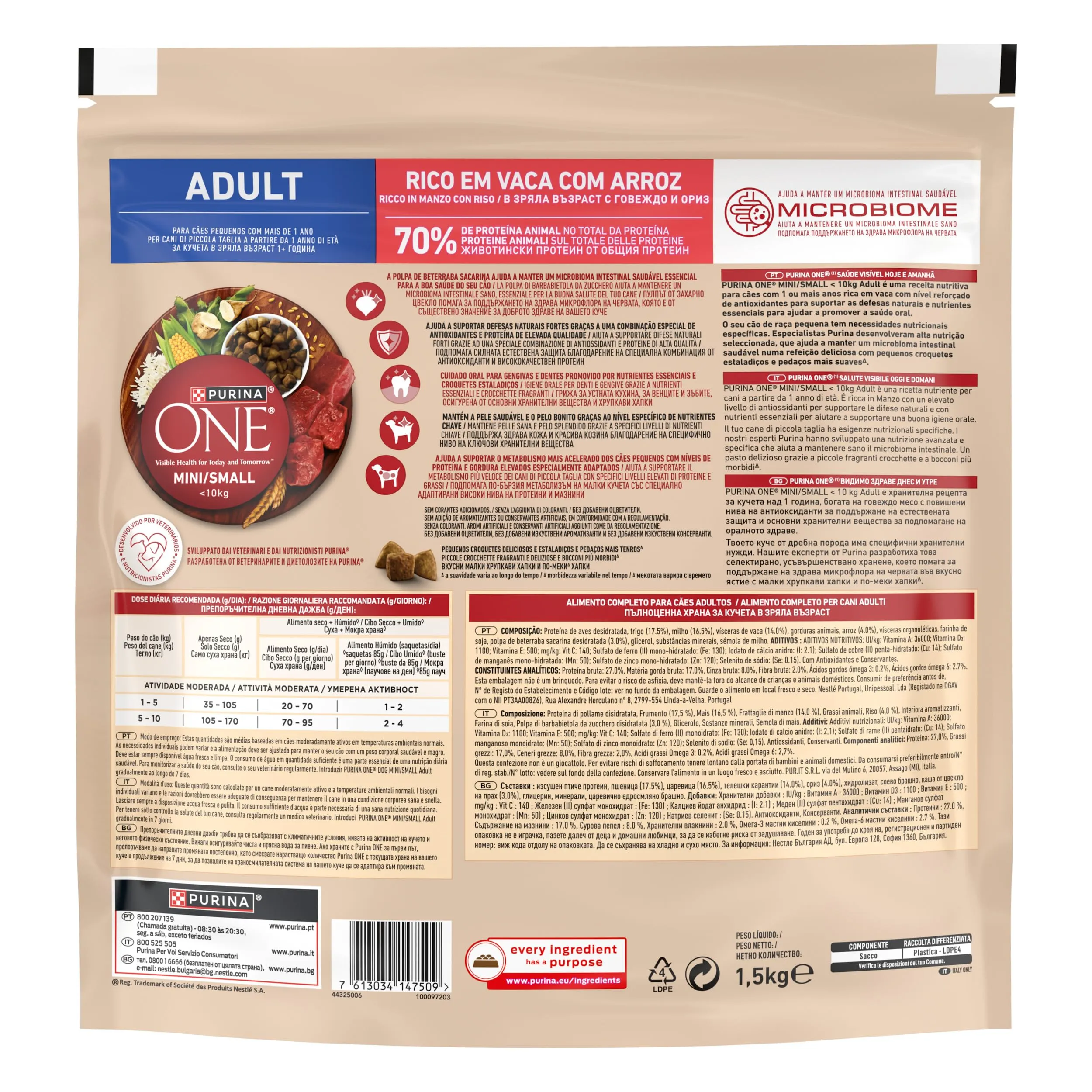 Purina One Small Mini < 10kg Cibo per cani adulti con manzo e riso, 1,5kg - immagine 2