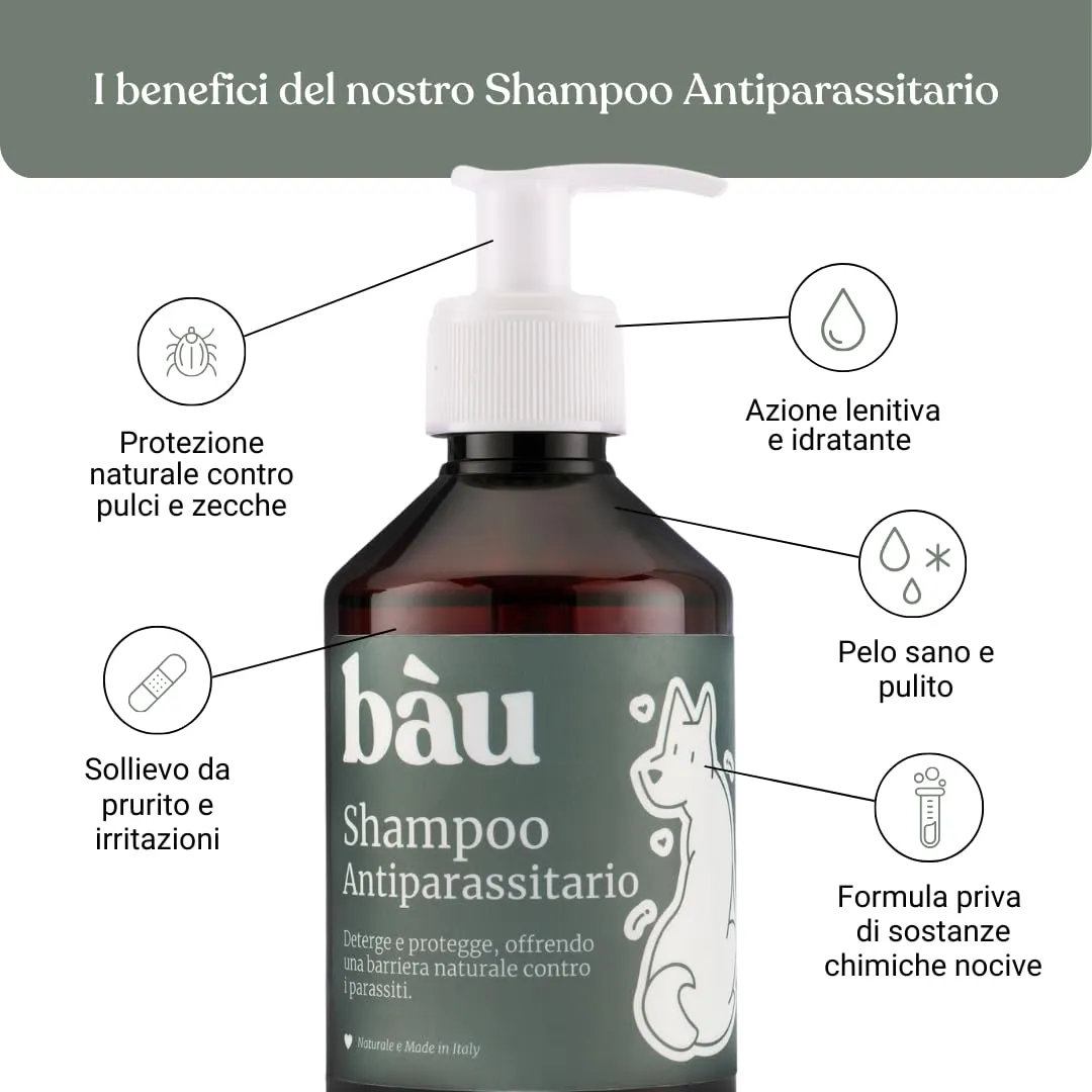 Bau Shampoo Antiparassitario per Cani e Gatti con Olio di Neem e Aloe Vera, 250ml - immagine 3