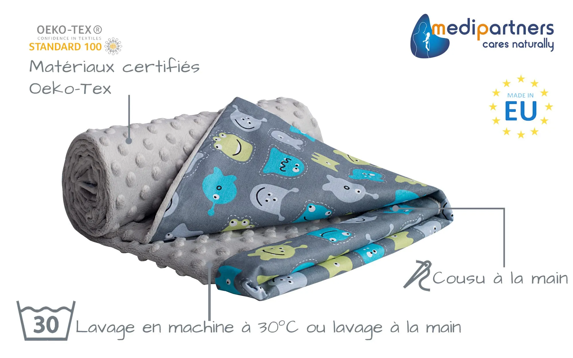 Medi Partners Coperta per Neonato Bifacciale in Cotone e Minky 75x100cm, Creature con Grigio - immagine 2