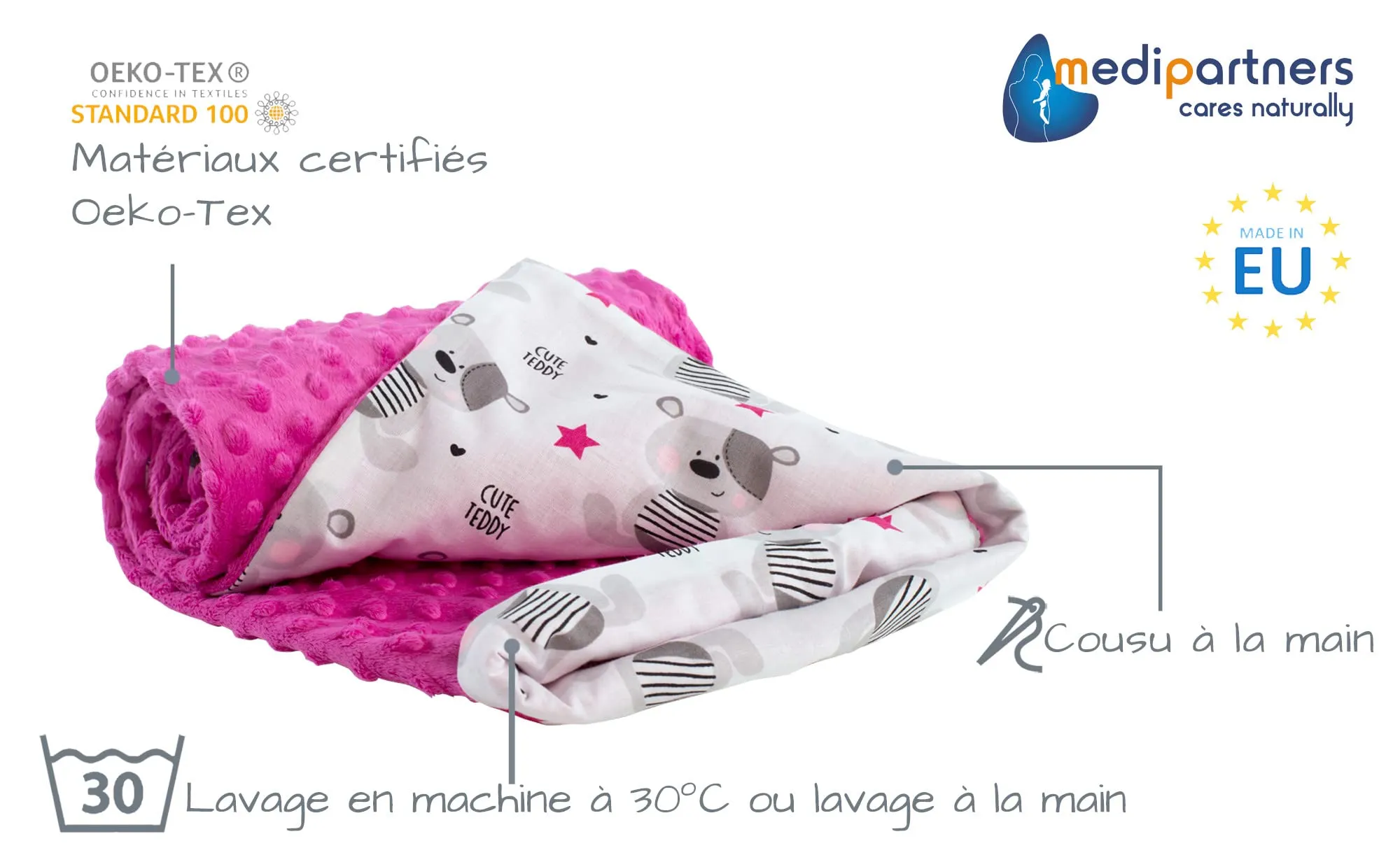 Medi Partners Coperta per Neonato in Cotone e Minky, 75x100cm, Teddy Con Rosa Scuro - immagine 2