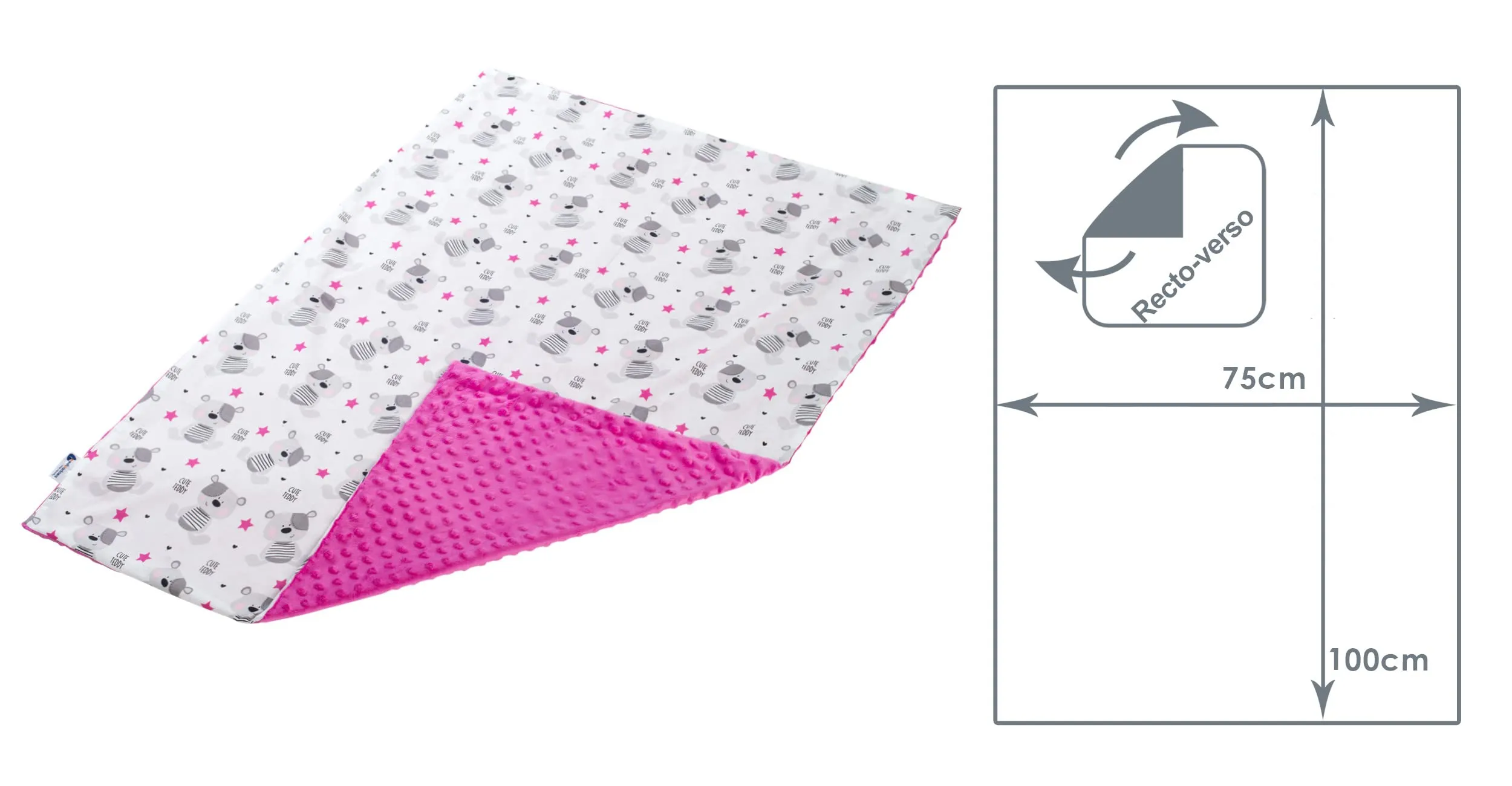 Medi Partners Coperta per Neonato in Cotone e Minky, 75x100cm, Teddy Con Rosa Scuro - immagine 3