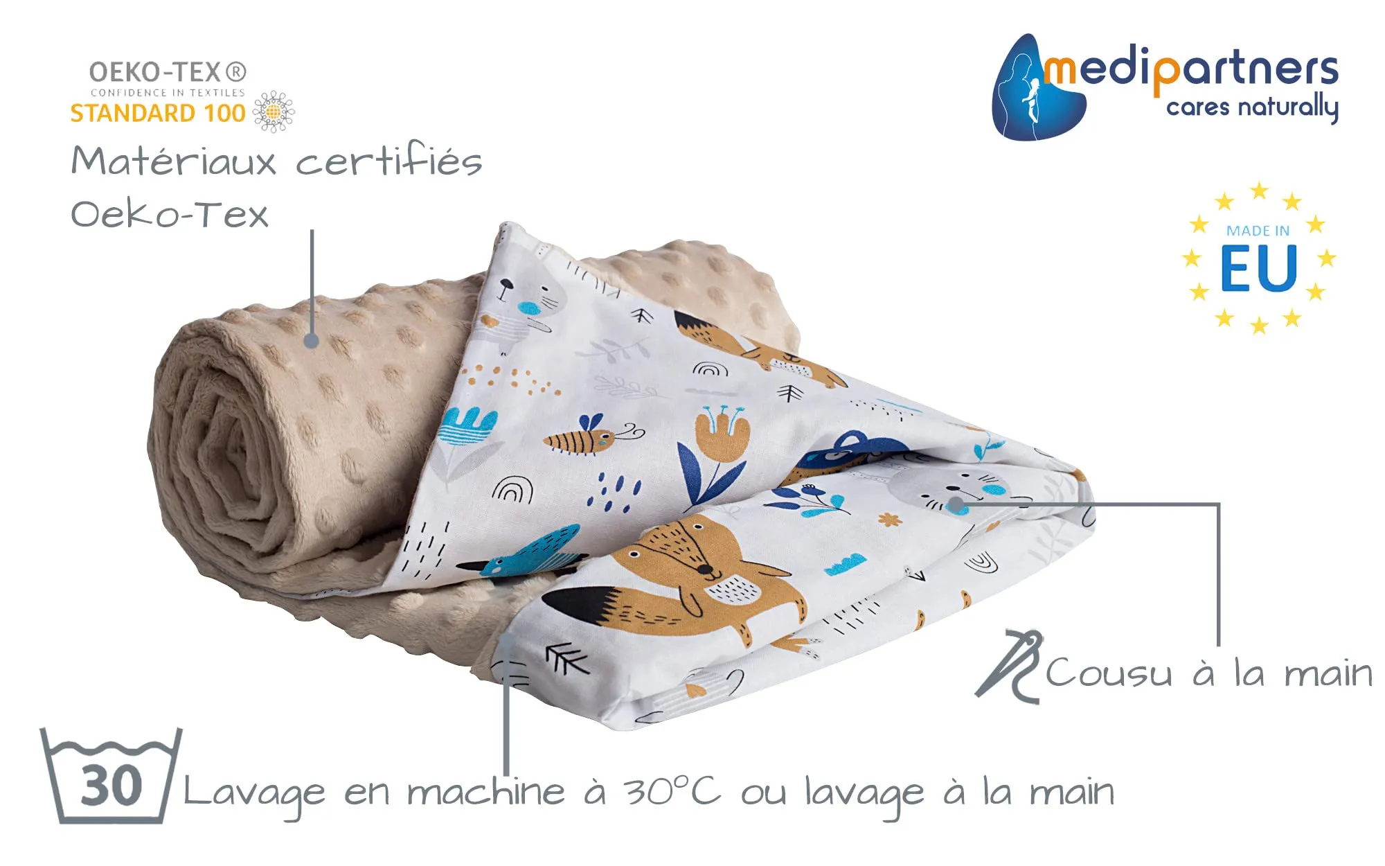 Medi Partners Coperta per Neonato Bifacciale in Cotone e Minky, 75x100cm, Boho con Beige - immagine 2