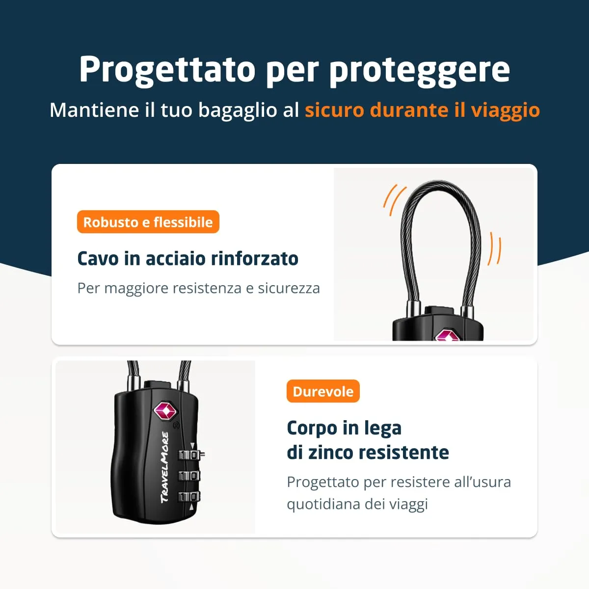 TravelMore Lucchetto TSA a Combinazione con Cavo Flessibile, Nero (TM001) - immagine 5