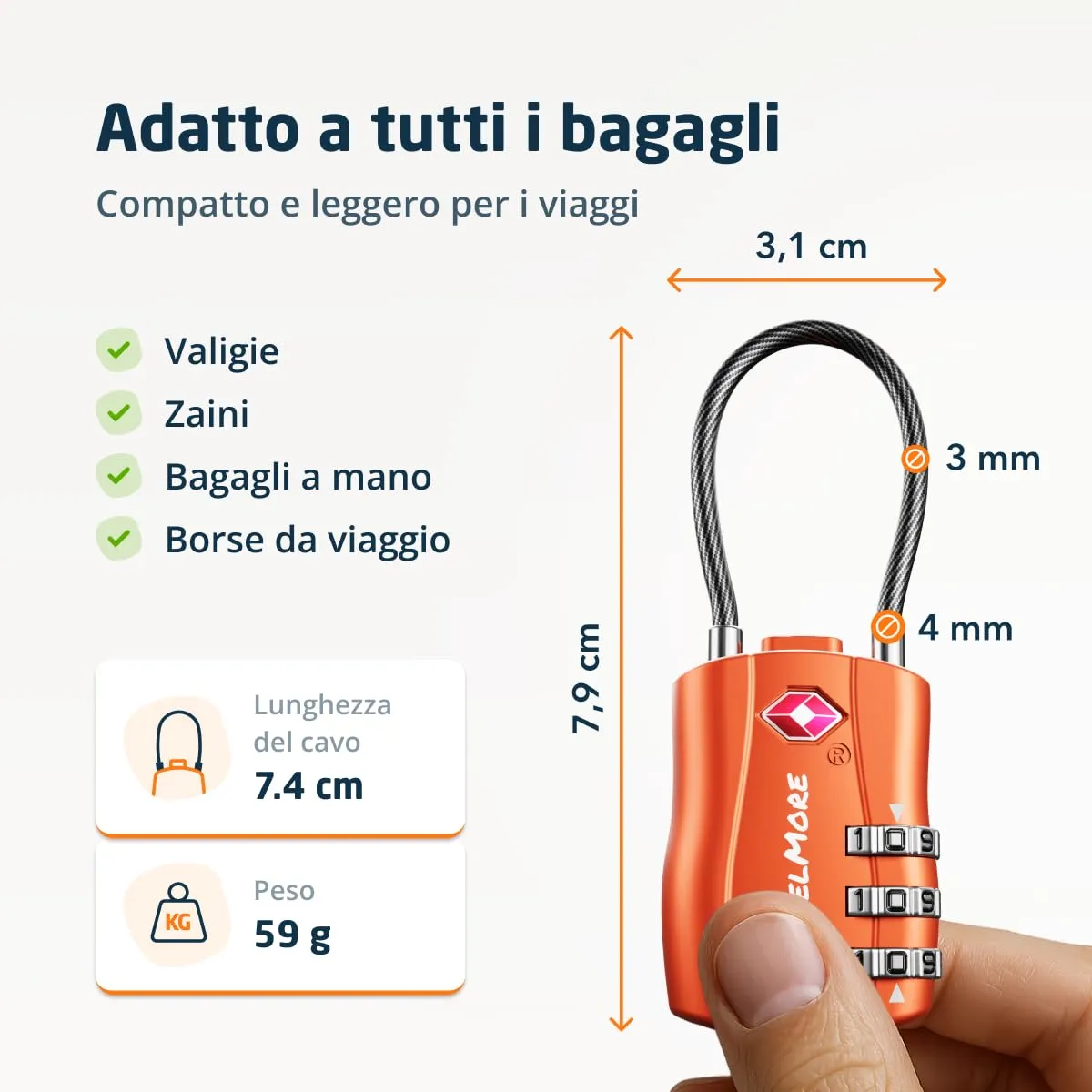 TravelMore Lucchetto TSA a Combinazione per Valigia e Zaino, Arancione - immagine 2