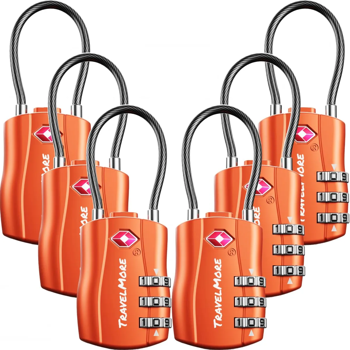 TravelMore Set di 6 Lucchetti da Viaggio con Combinazione approvati TSA, Arancione - immagine 1