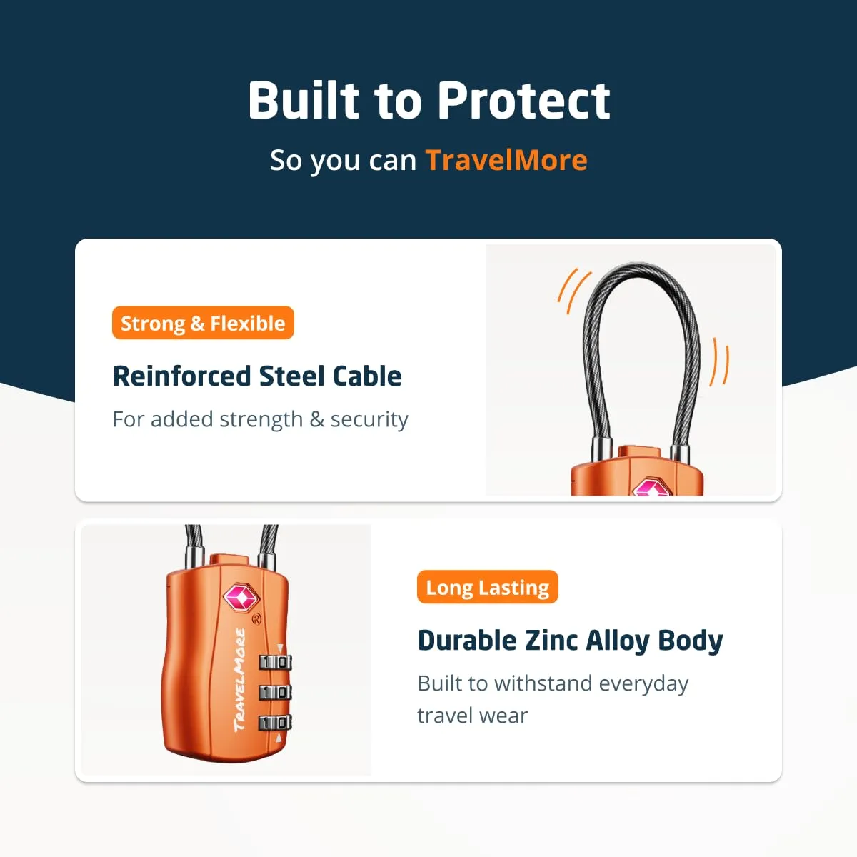 TravelMore Set di 6 Lucchetti da Viaggio con Combinazione approvati TSA, Arancione - immagine 4