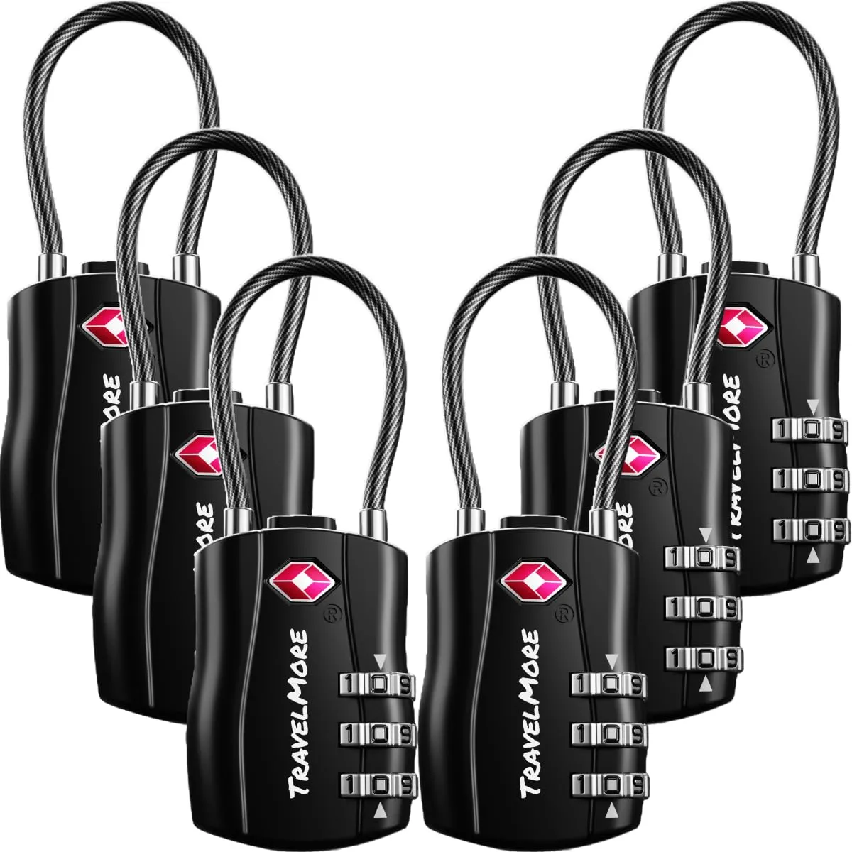 TravelMore Lucchetti TSA a Combinazione per Valigie e Zaino, Confezione da 6, Nero - immagine 1