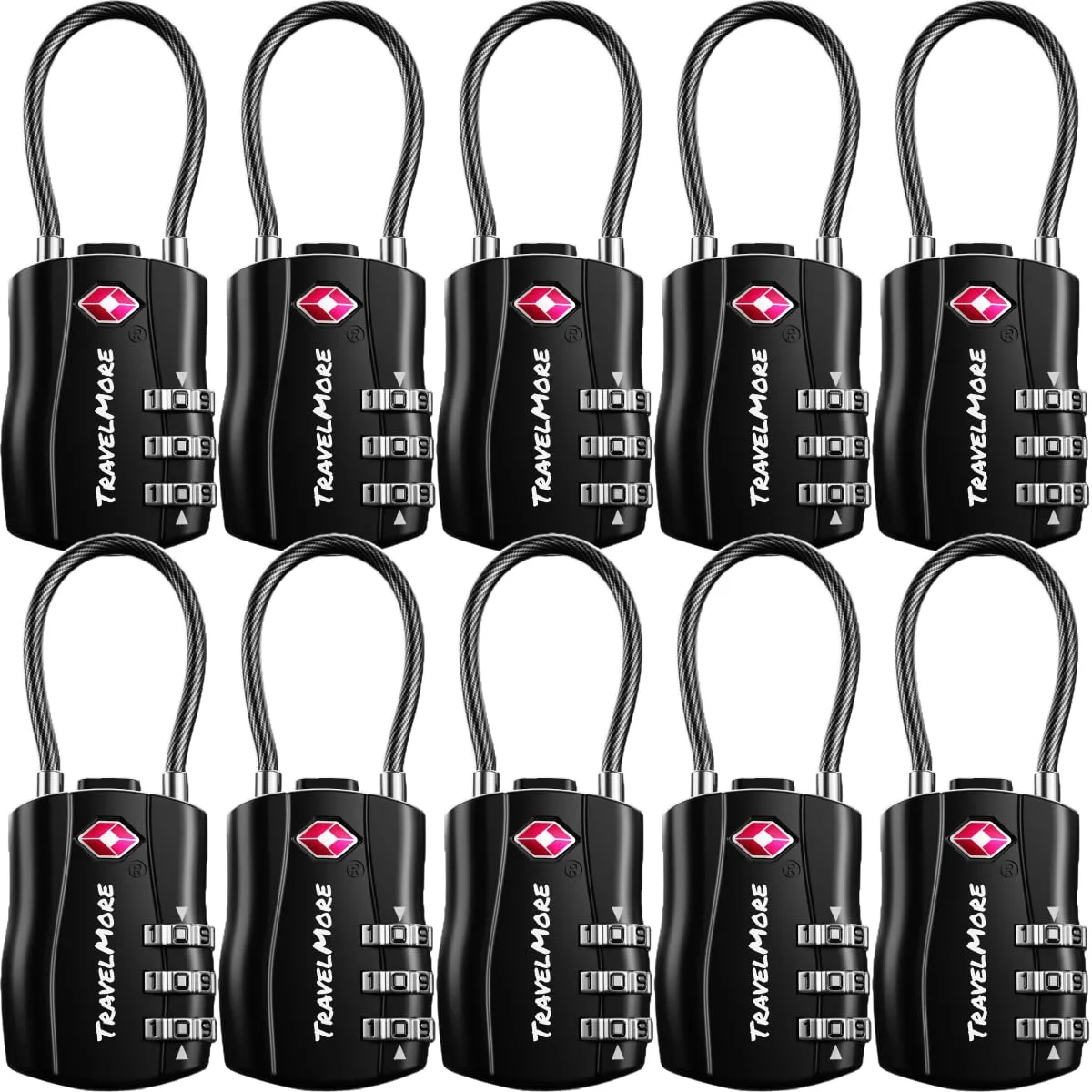 TravelMore Lucchetti TSA a Combinazione per Valigie e Zaino, Confezione da 10, Nero - immagine 1