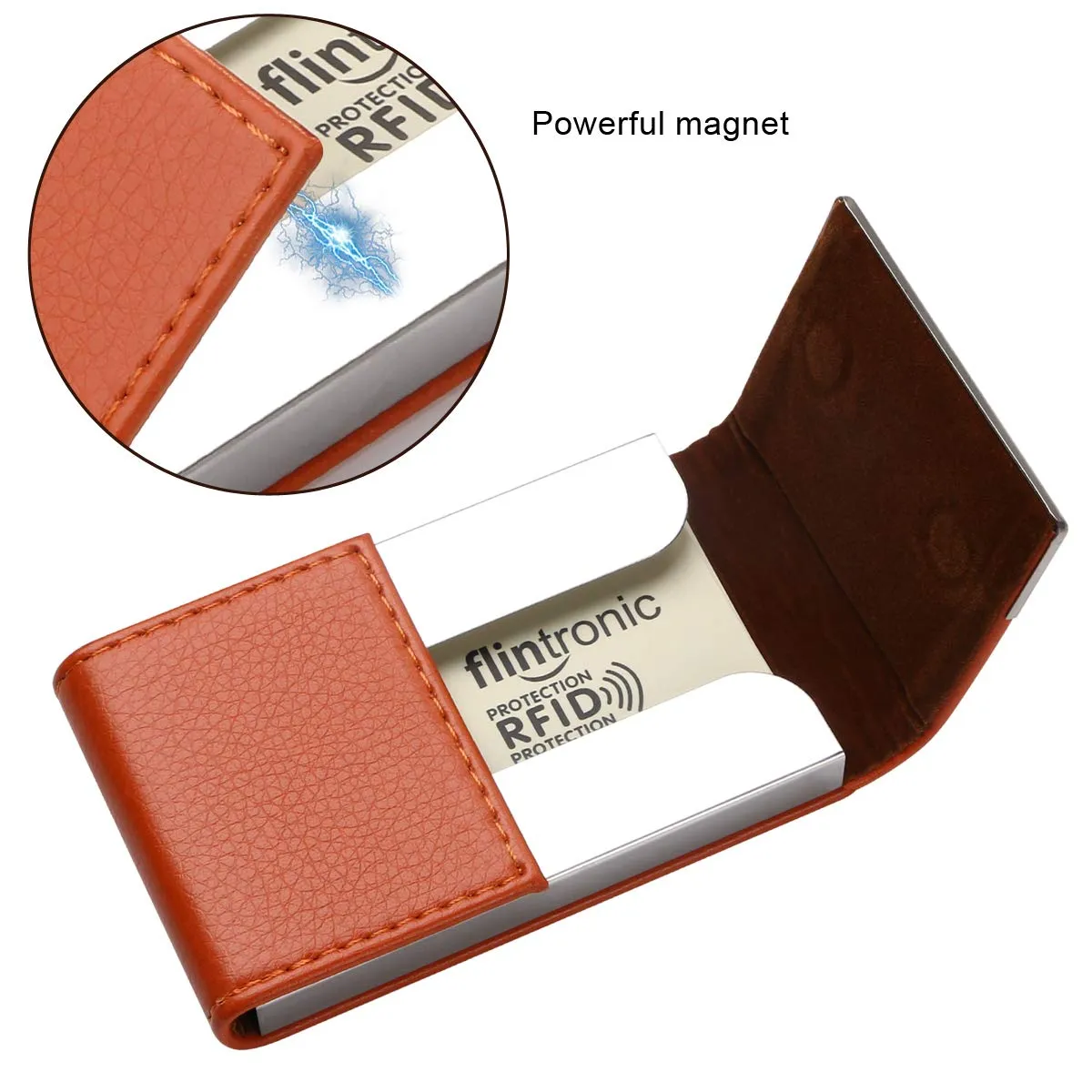 Flintronic Porta Carte di Credito in Acciaio Inossidabile e Pelle PU, Slim Tascabile per Business e ID, Arancione - immagine 2