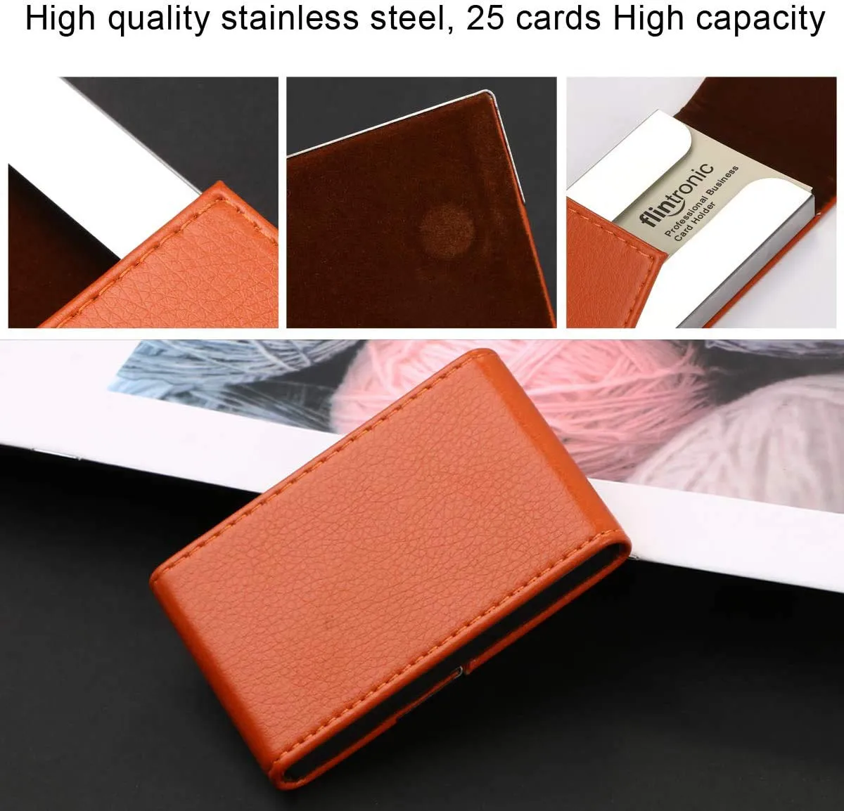 Flintronic Porta Carte di Credito in Acciaio Inossidabile e Pelle PU, Slim Tascabile per Business e ID, Arancione - immagine 4