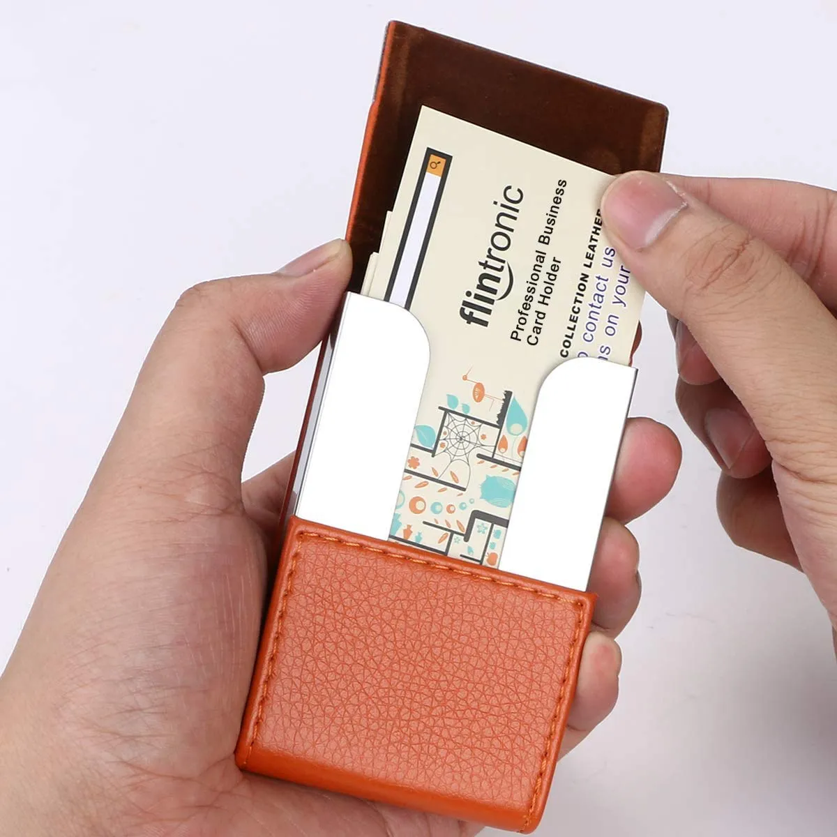 Flintronic Porta Carte di Credito in Acciaio Inossidabile e Pelle PU, Slim Tascabile per Business e ID, Arancione - immagine 5