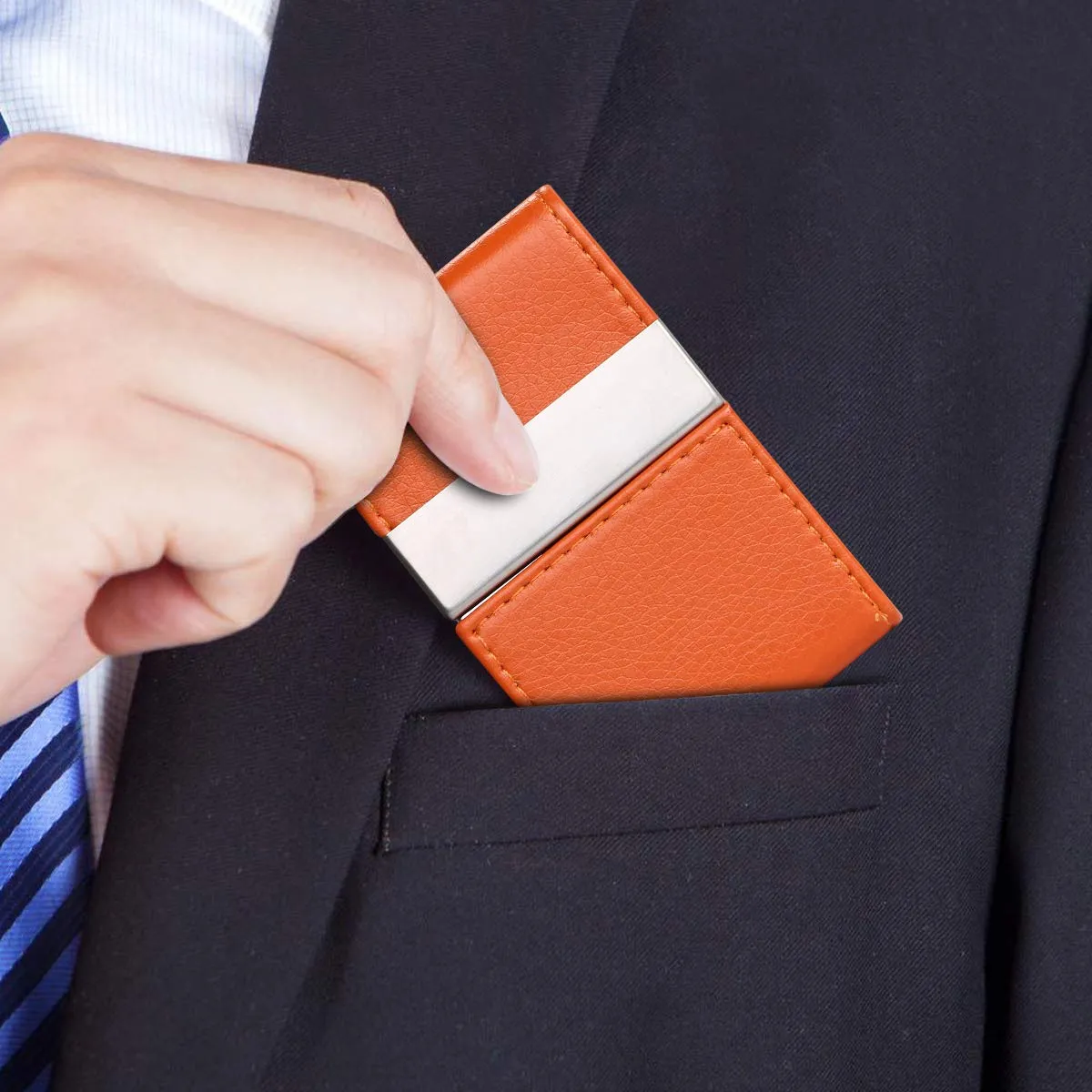 Flintronic Porta Carte di Credito in Acciaio Inossidabile e Pelle PU, Slim Tascabile per Business e ID, Arancione - immagine 7