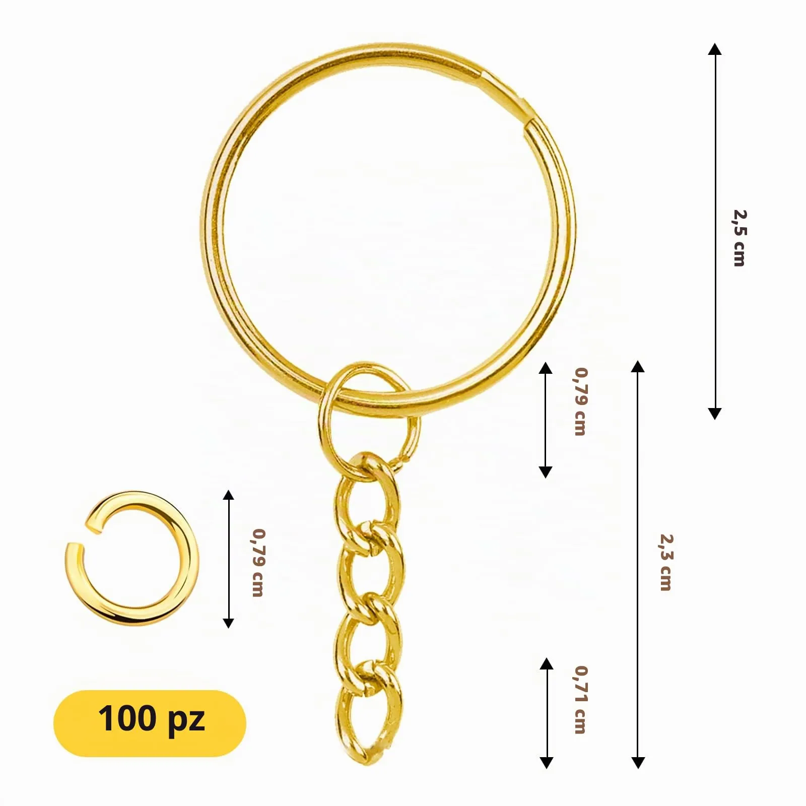 MXTIMWAN Kit 100 Anelli Portachiavi in Acciaio Inox 25 mm, Oro - immagine 3