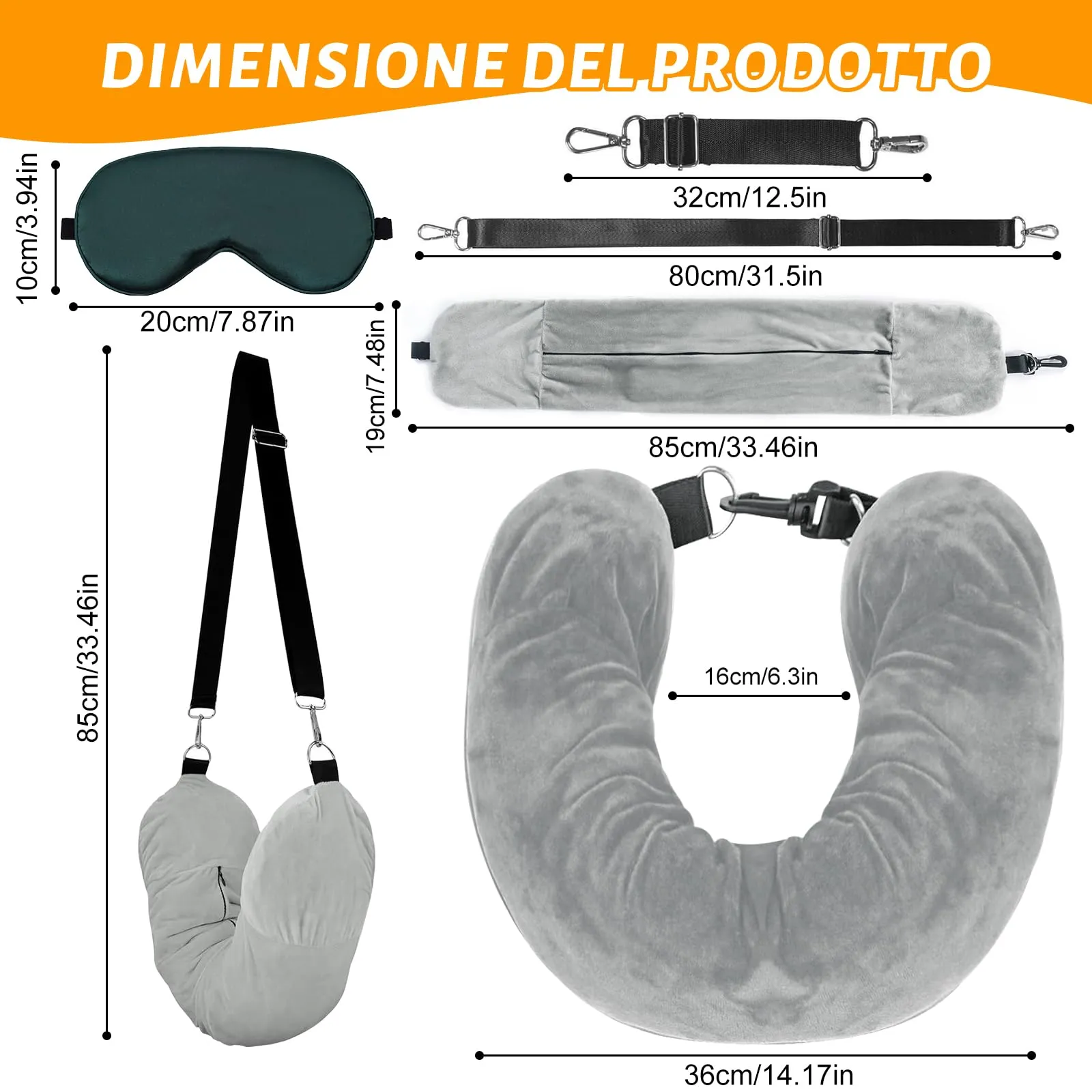 KufaerBeam Cuscino da Viaggio Riempibile a Forma di U con Benda, Grigio - immagine 2