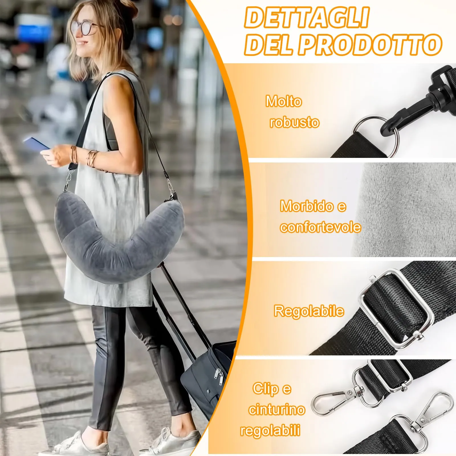 KufaerBeam Cuscino da Viaggio Riempibile a Forma di U con Benda, Grigio - immagine 3