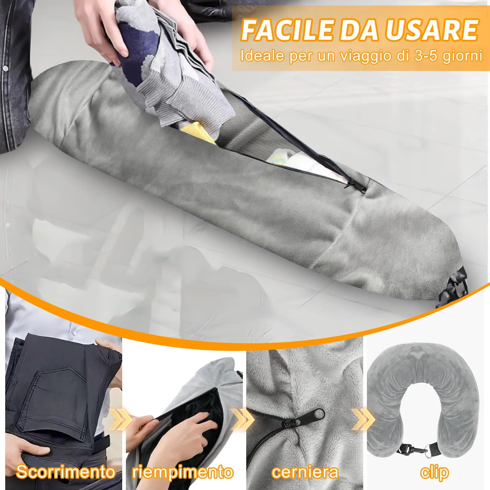 KufaerBeam Cuscino da Viaggio Riempibile a Forma di U con Benda, Grigio - immagine 4