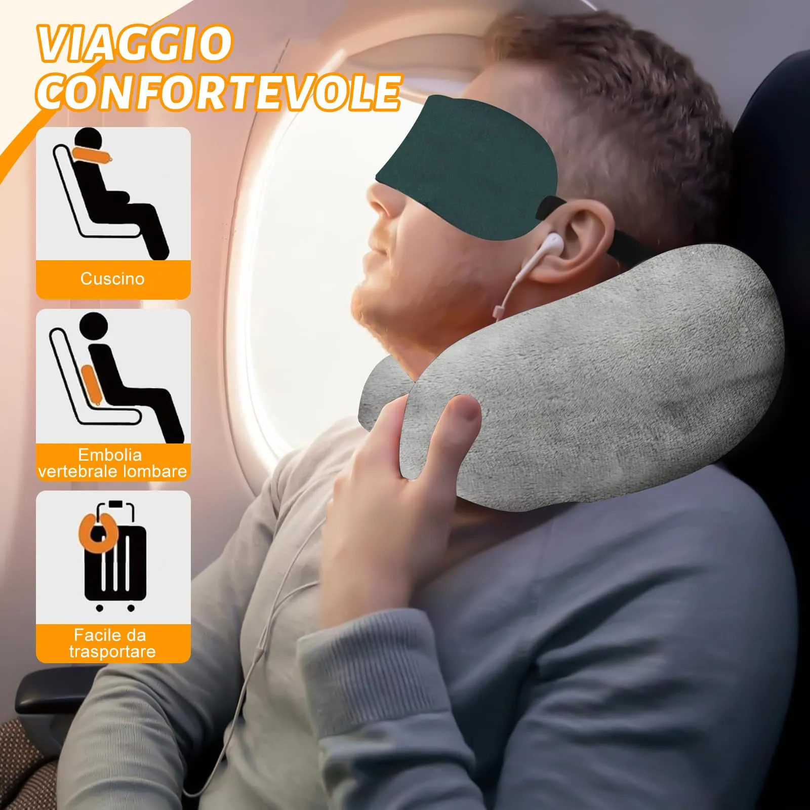 KufaerBeam Cuscino da Viaggio Riempibile a Forma di U con Benda, Grigio - immagine 5