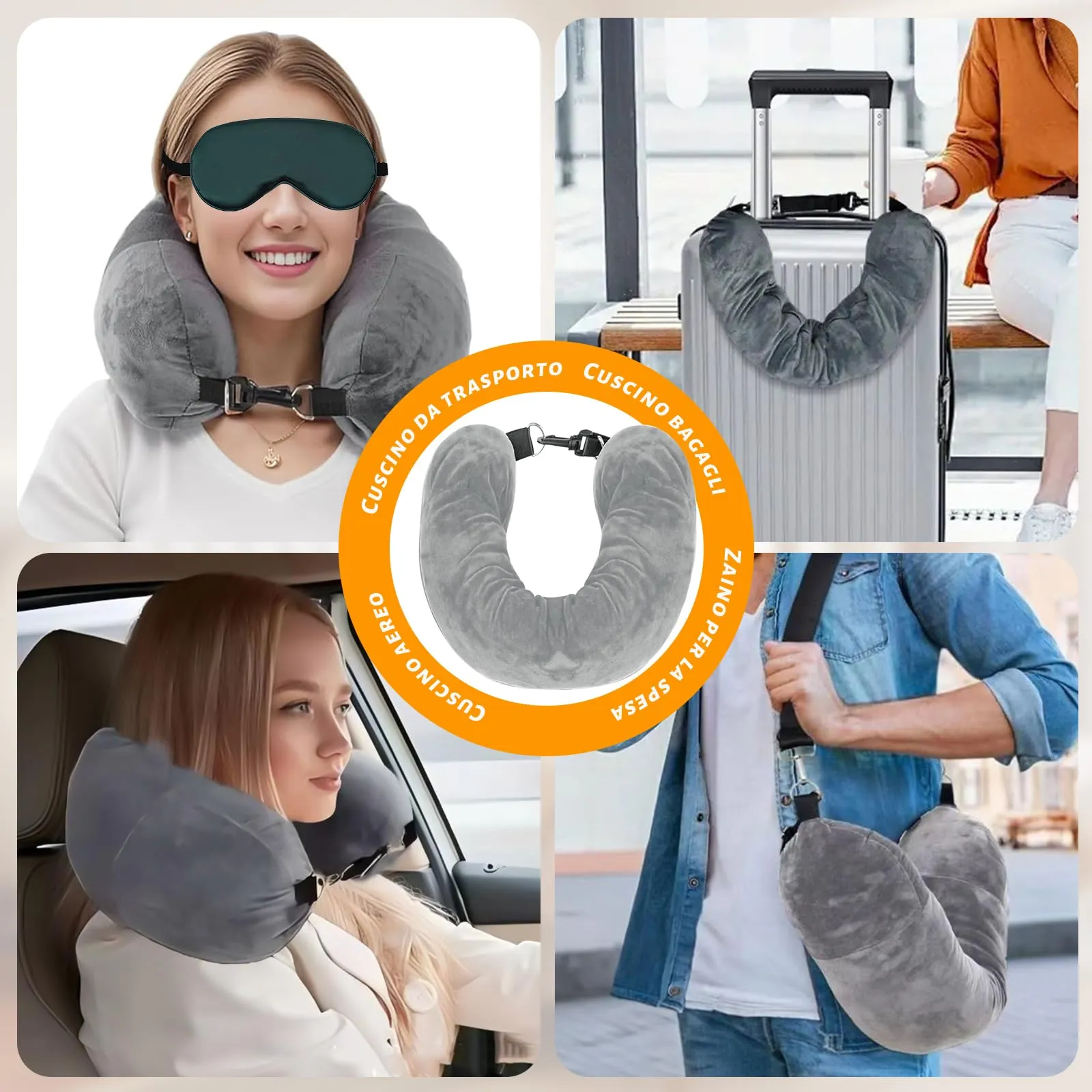 KufaerBeam Cuscino da Viaggio Riempibile a Forma di U con Benda, Grigio - immagine 6