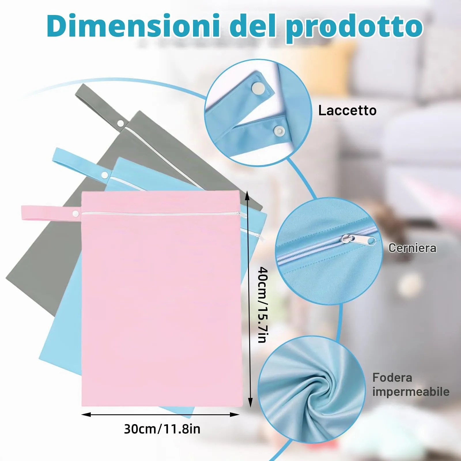 Rwbimti Set di 3 Borse Impermeabili Wet Bag, 40 x 30 cm, con Cerniera (Grigio, Blu, Rosa) - immagine 2
