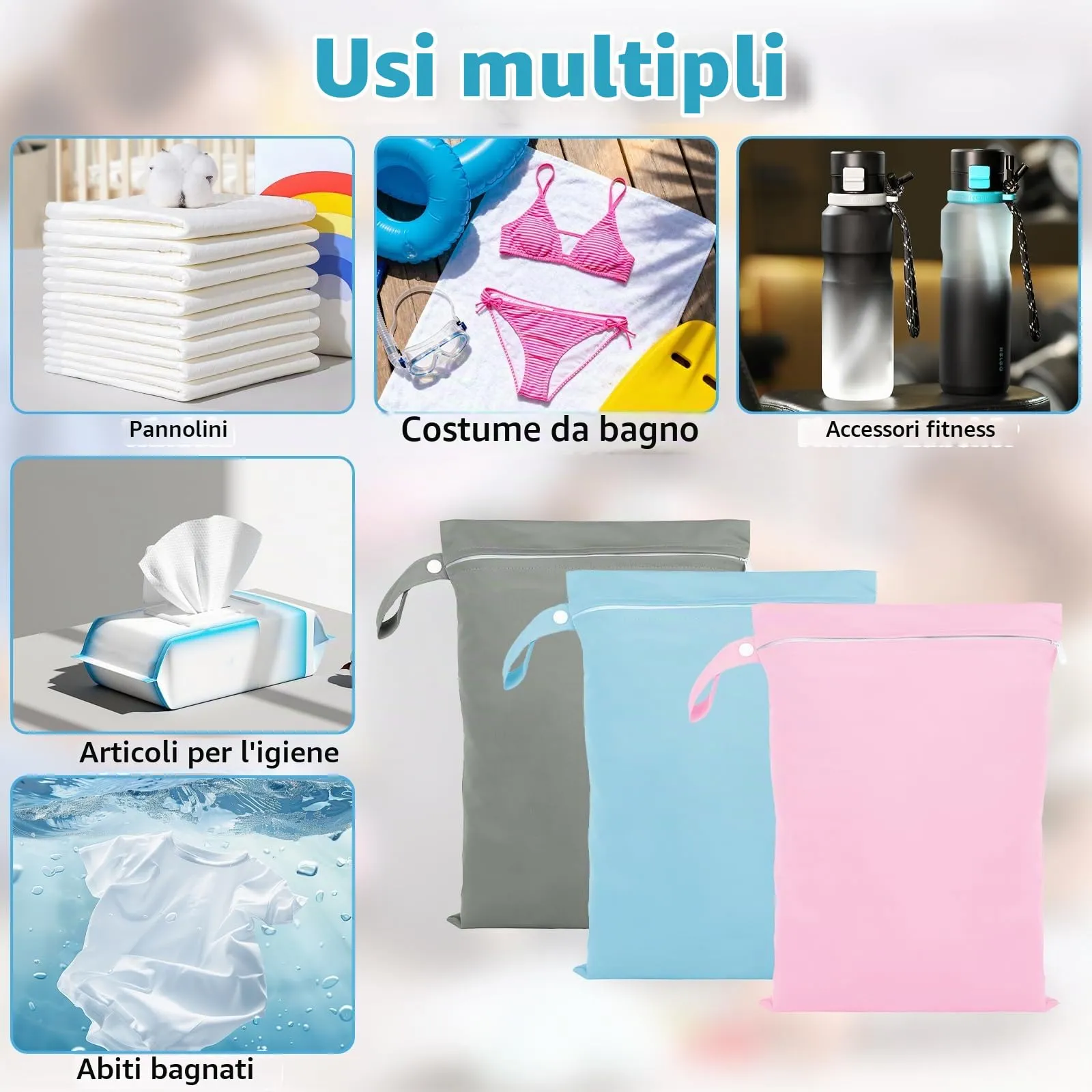 Rwbimti Set di 3 Borse Impermeabili Wet Bag, 40 x 30 cm, con Cerniera (Grigio, Blu, Rosa) - immagine 4